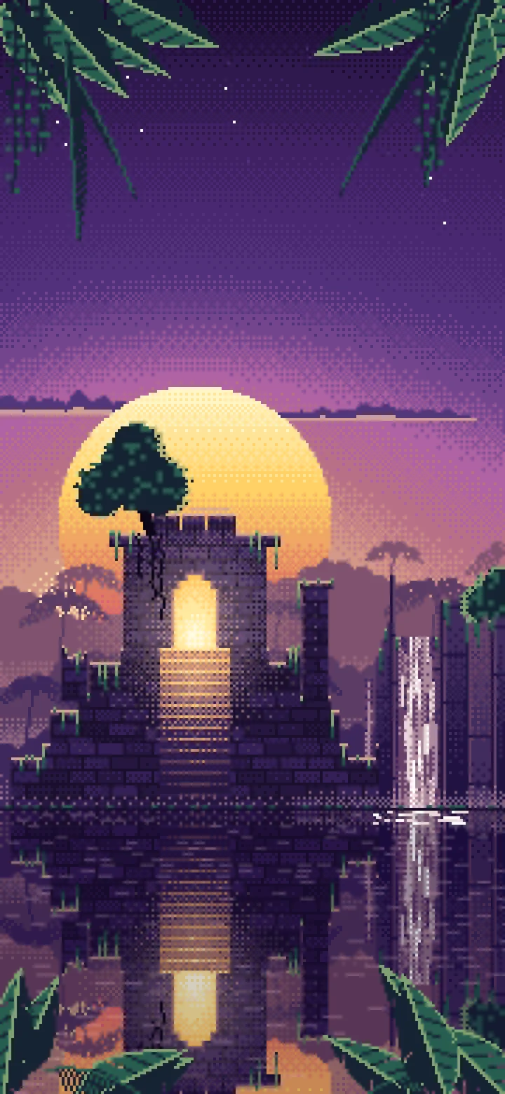 Dark Purple Pixel Art Jungle Temple Ruins wallpaper for iPhone and Android