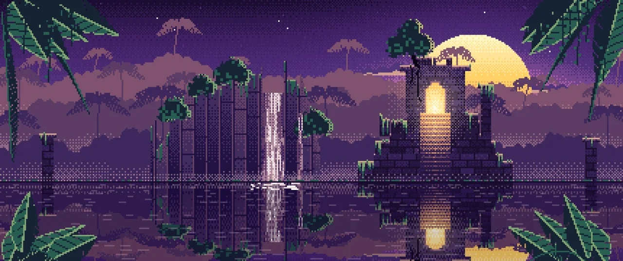 Dark Purple Pixel Art Jungle Temple Ruins ultrawide wallpaper, 3440 × 1440