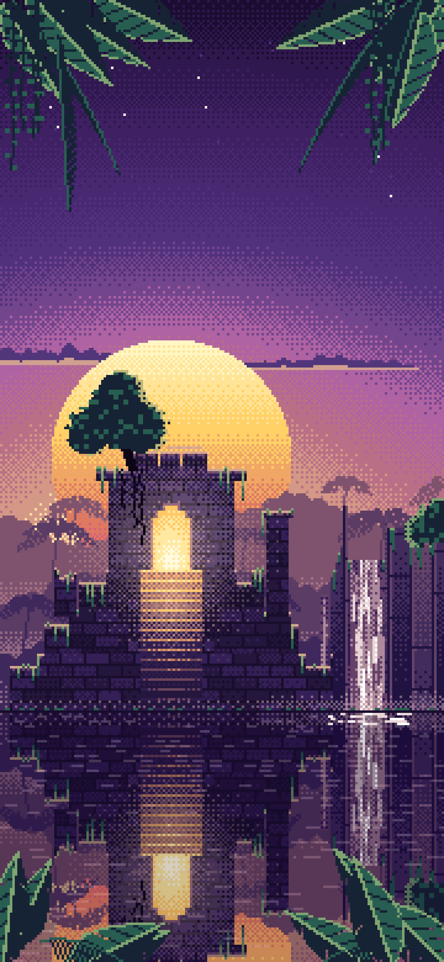 Dark Purple Pixel Art Jungle Temple Ruins wallpaper for iPhone and Android