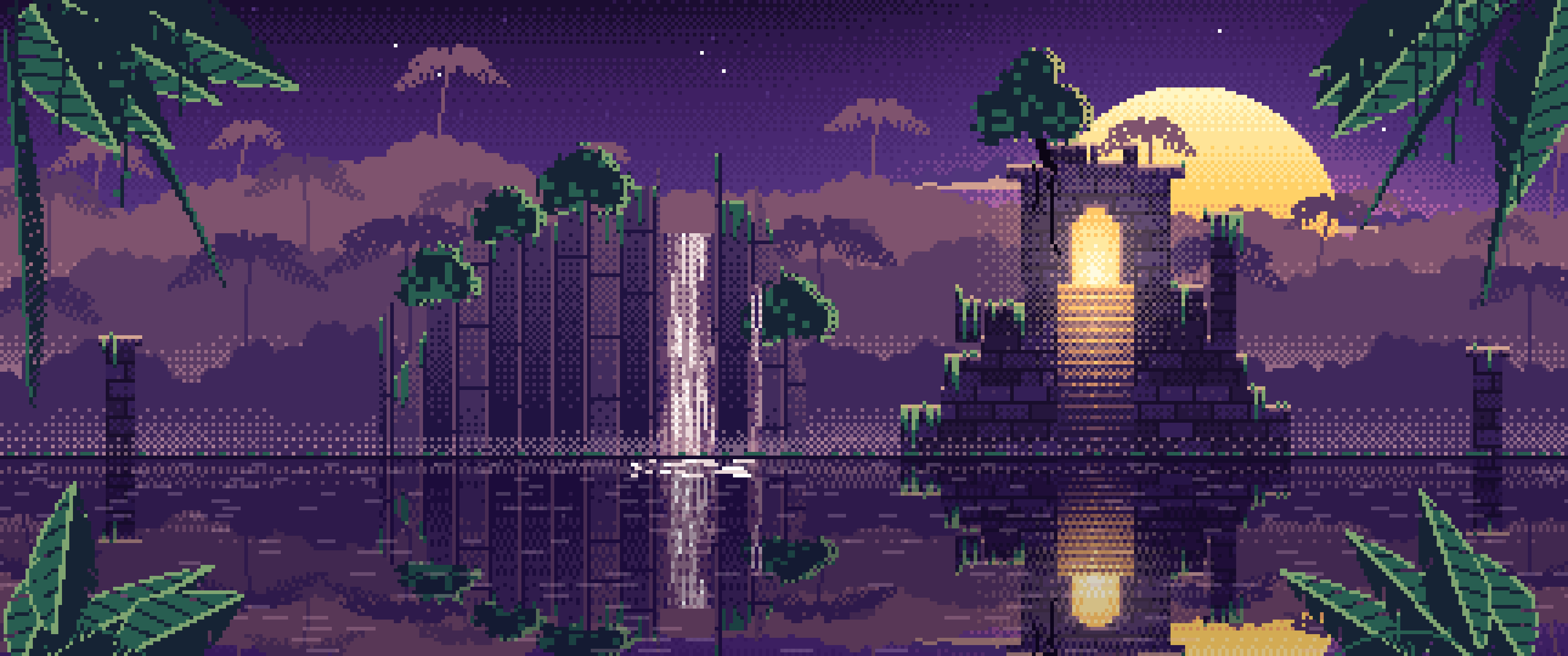 Dark Purple Pixel Art Jungle Temple Ruins ultrawide wallpaper, 3440 × 1440