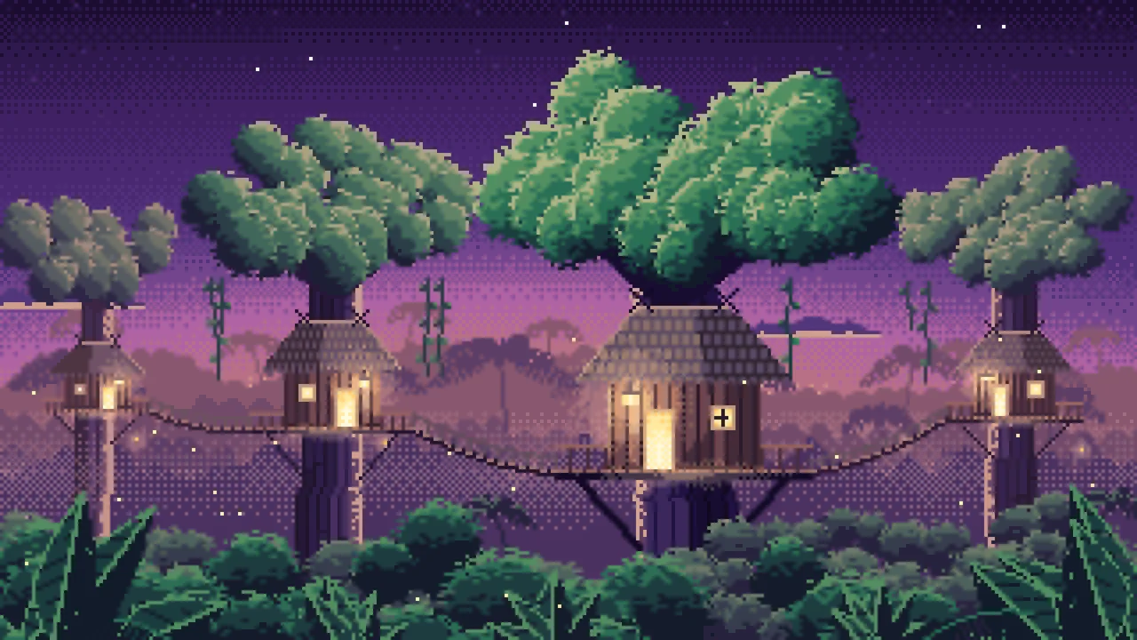 Dark Purple Pixel Art Jungle Treehouses by Lantern Light desktop wallpaper in 4K