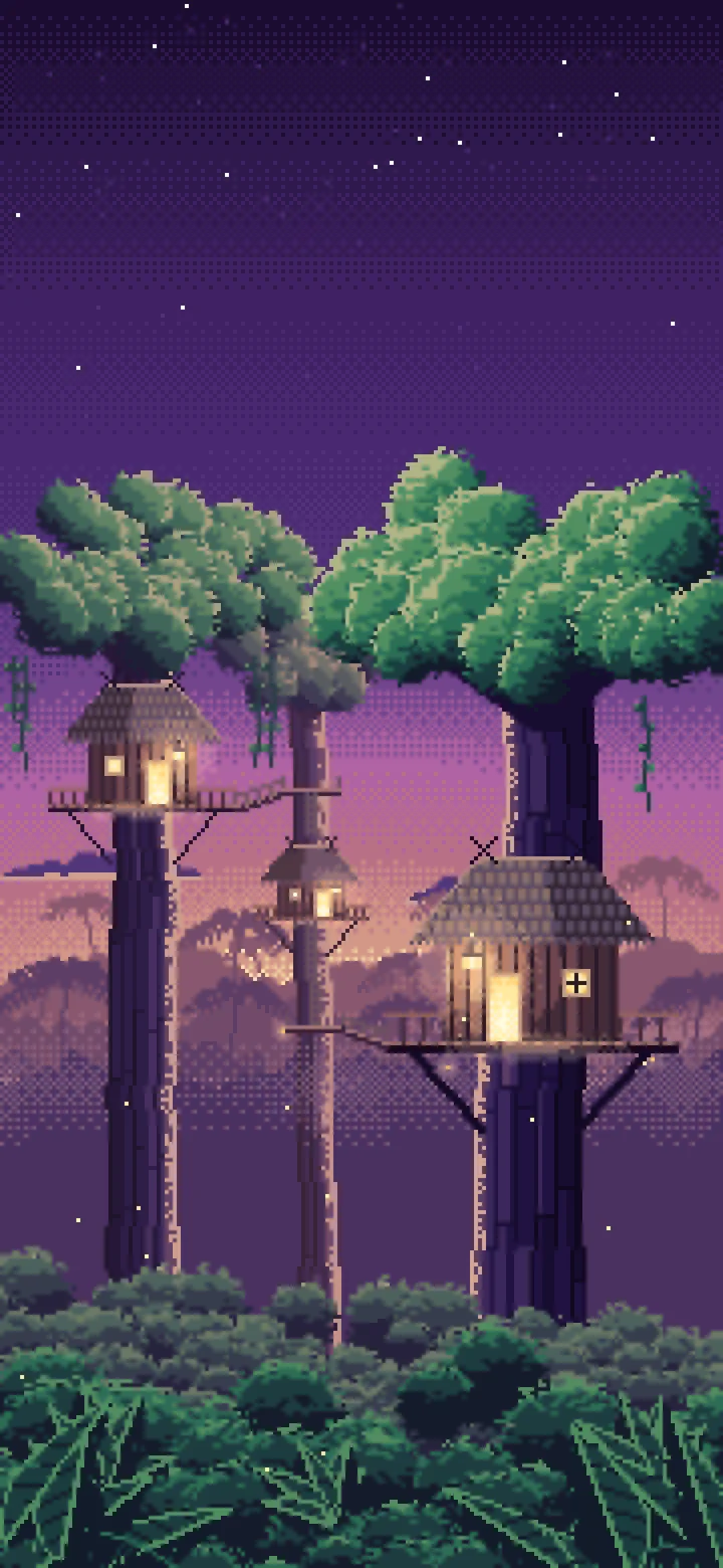 Dark Purple Pixel Art Jungle Treehouses by Lantern Light wallpaper for iPhone and Android