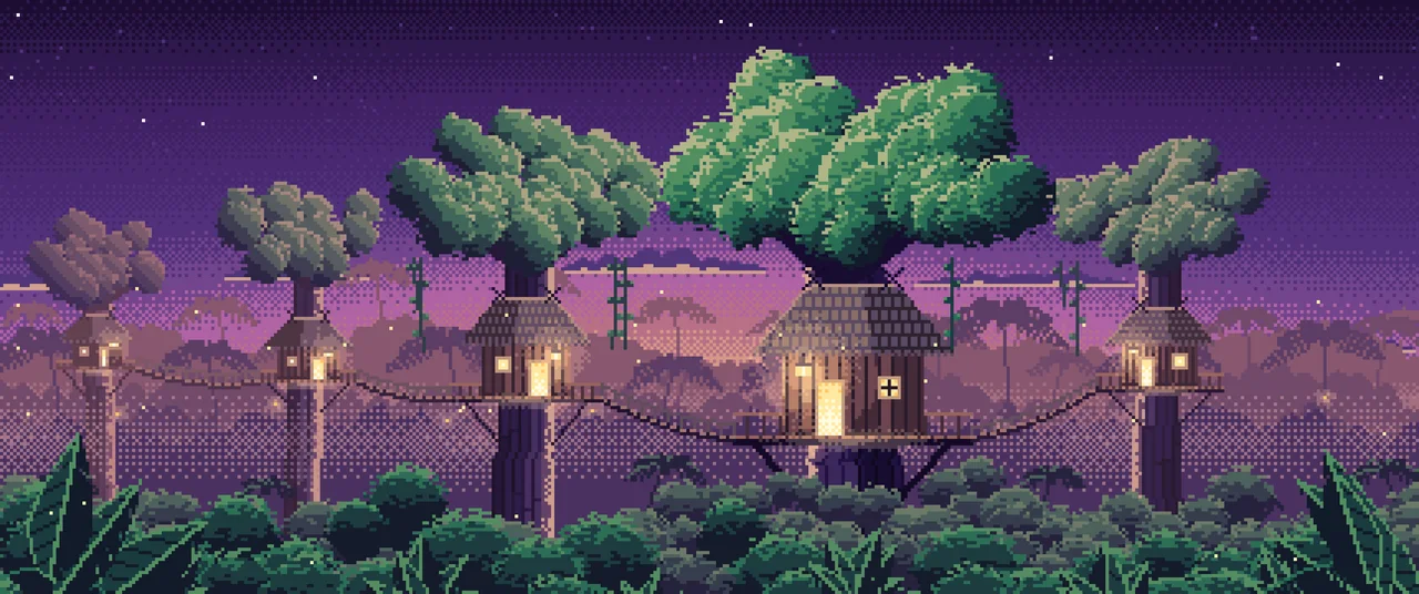 Dark Purple Pixel Art Jungle Treehouses by Lantern Light ultrawide wallpaper, 3440 × 1440