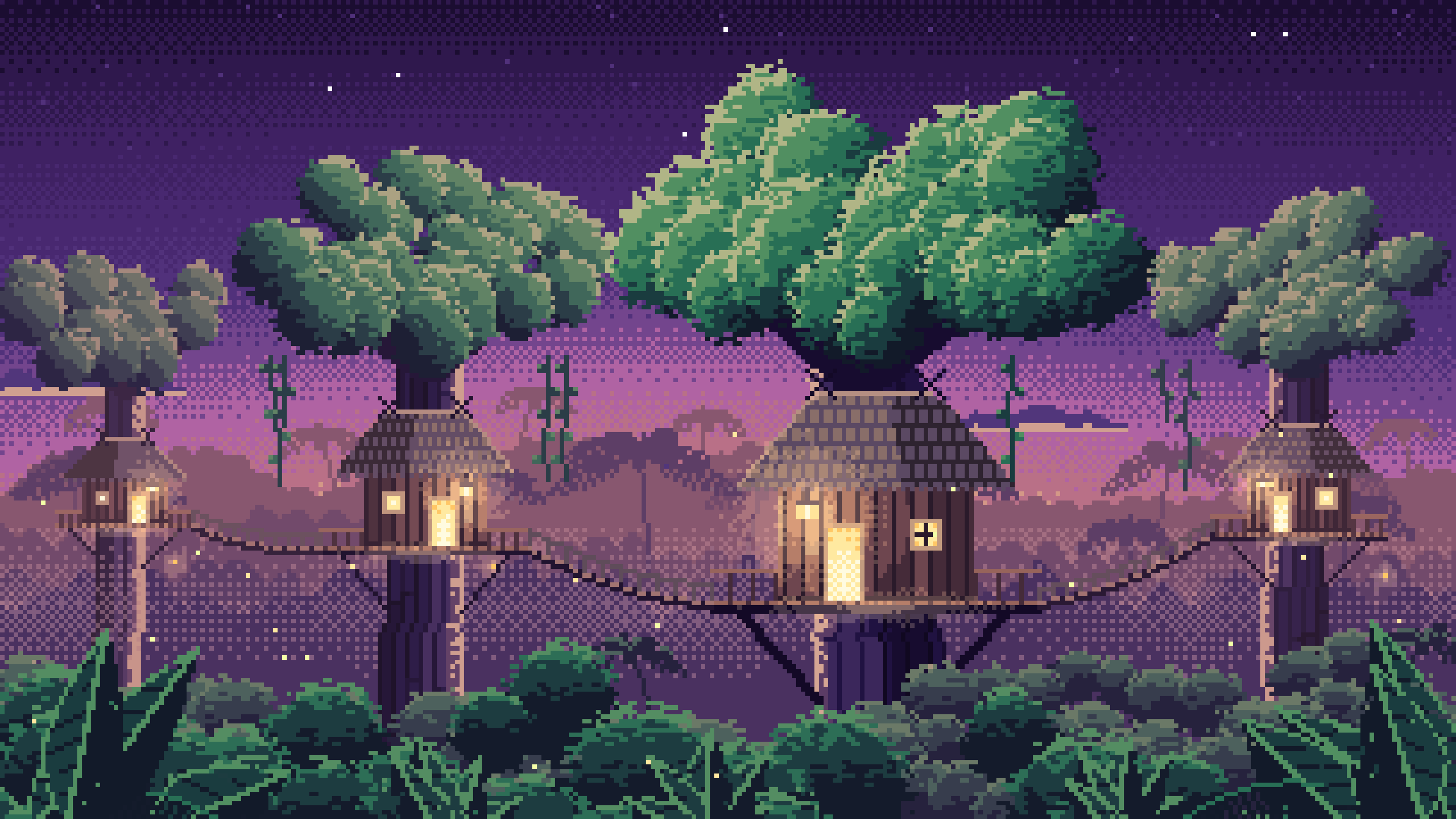 Dark Purple Pixel Art Jungle Treehouses by Lantern Light desktop wallpaper in 4K