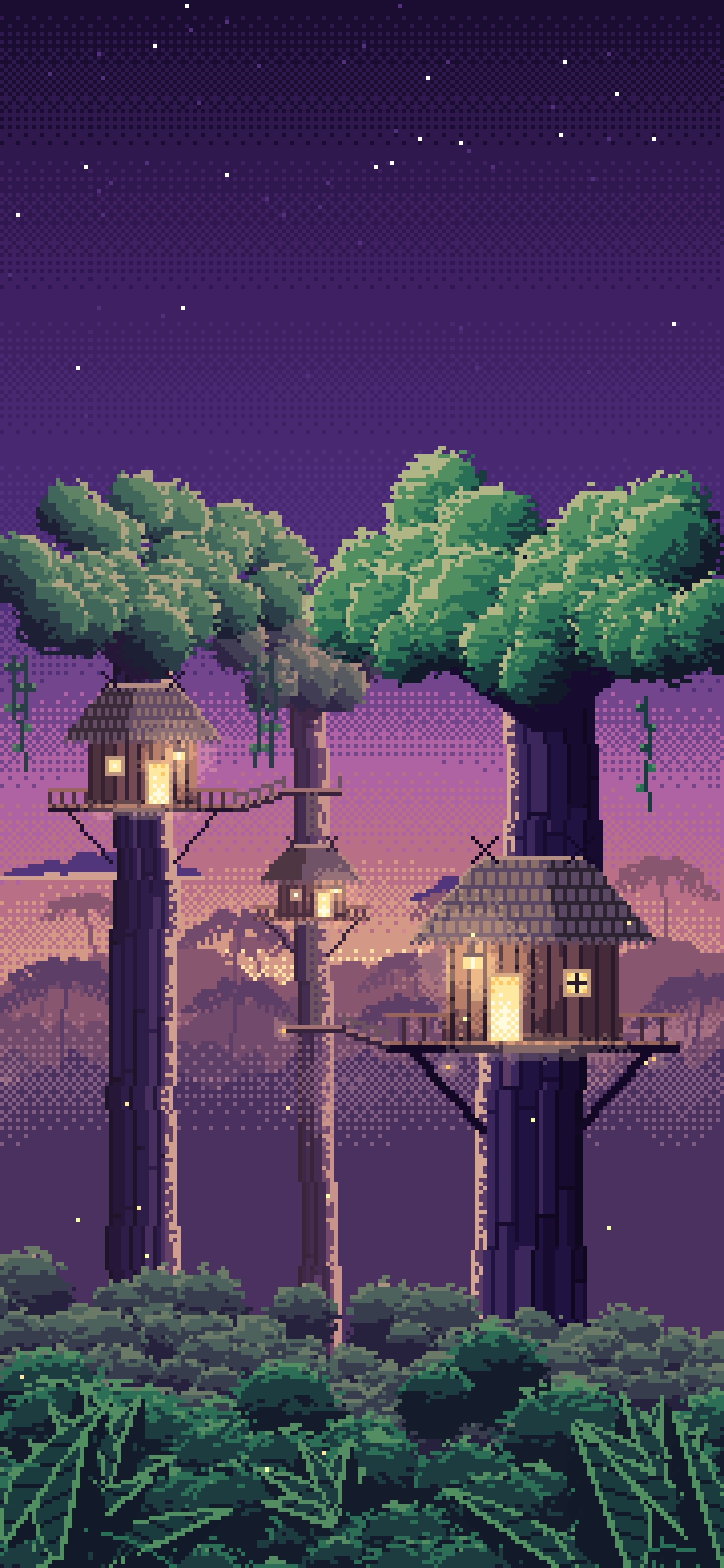 Dark Purple Pixel Art Jungle Treehouses by Lantern Light wallpaper for iPhone and Android