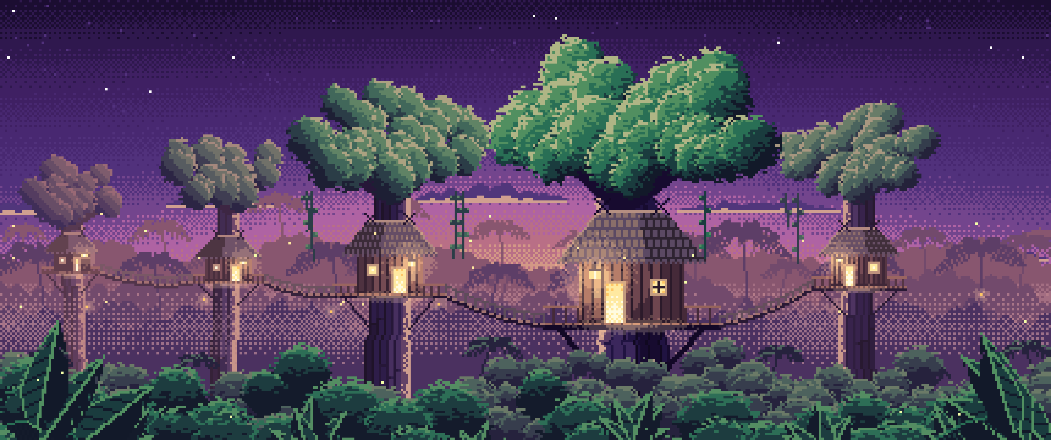 Dark Purple Pixel Art Jungle Treehouses by Lantern Light ultrawide wallpaper, 3440 × 1440