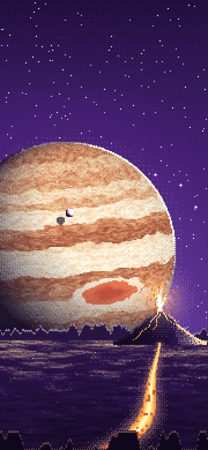 Dark Purple Pixel Art Jupiter Over a Molten World wallpaper for iPhone and Android