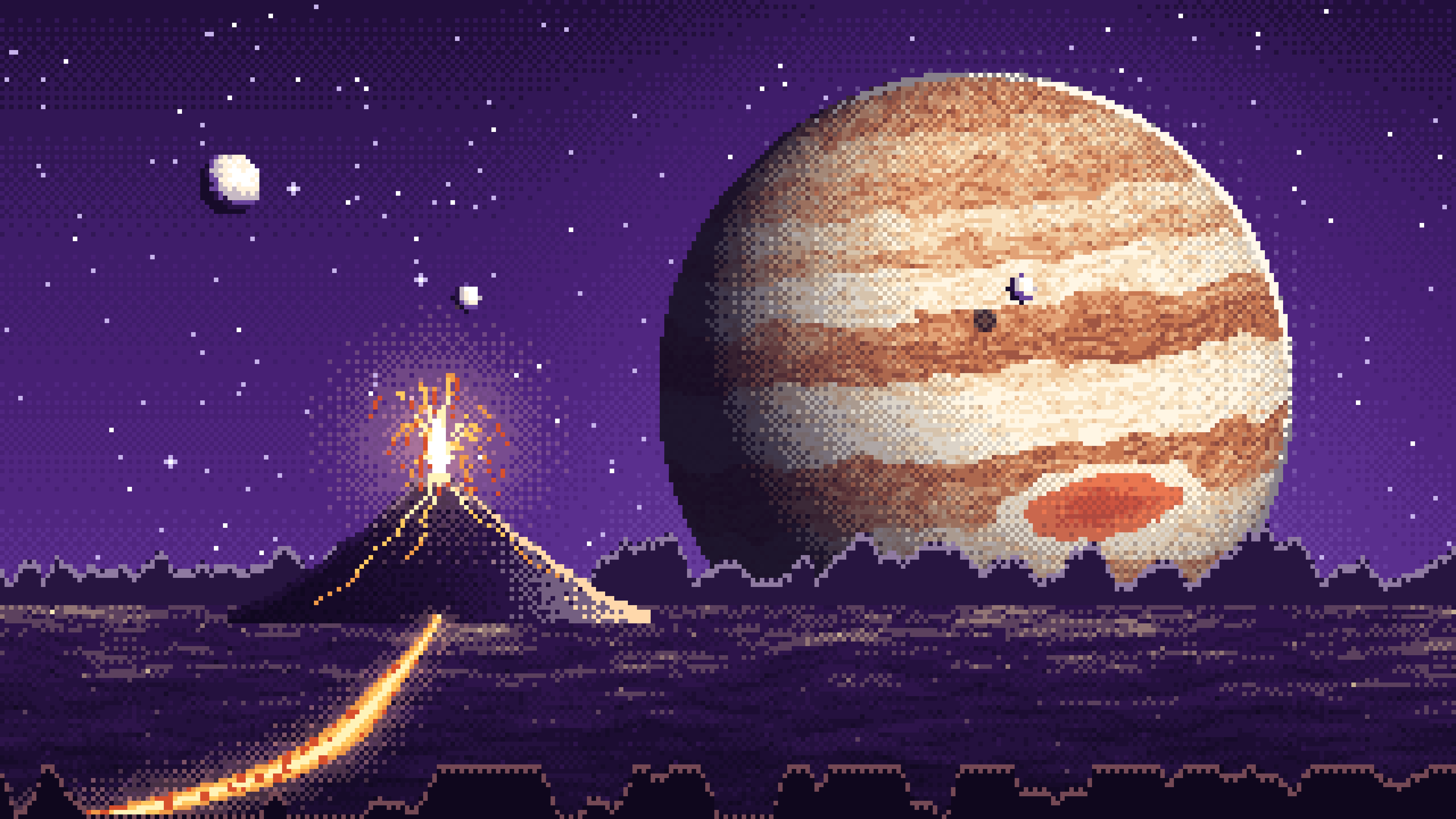 Dark Purple Pixel Art Jupiter Over a Molten World desktop wallpaper in 4K