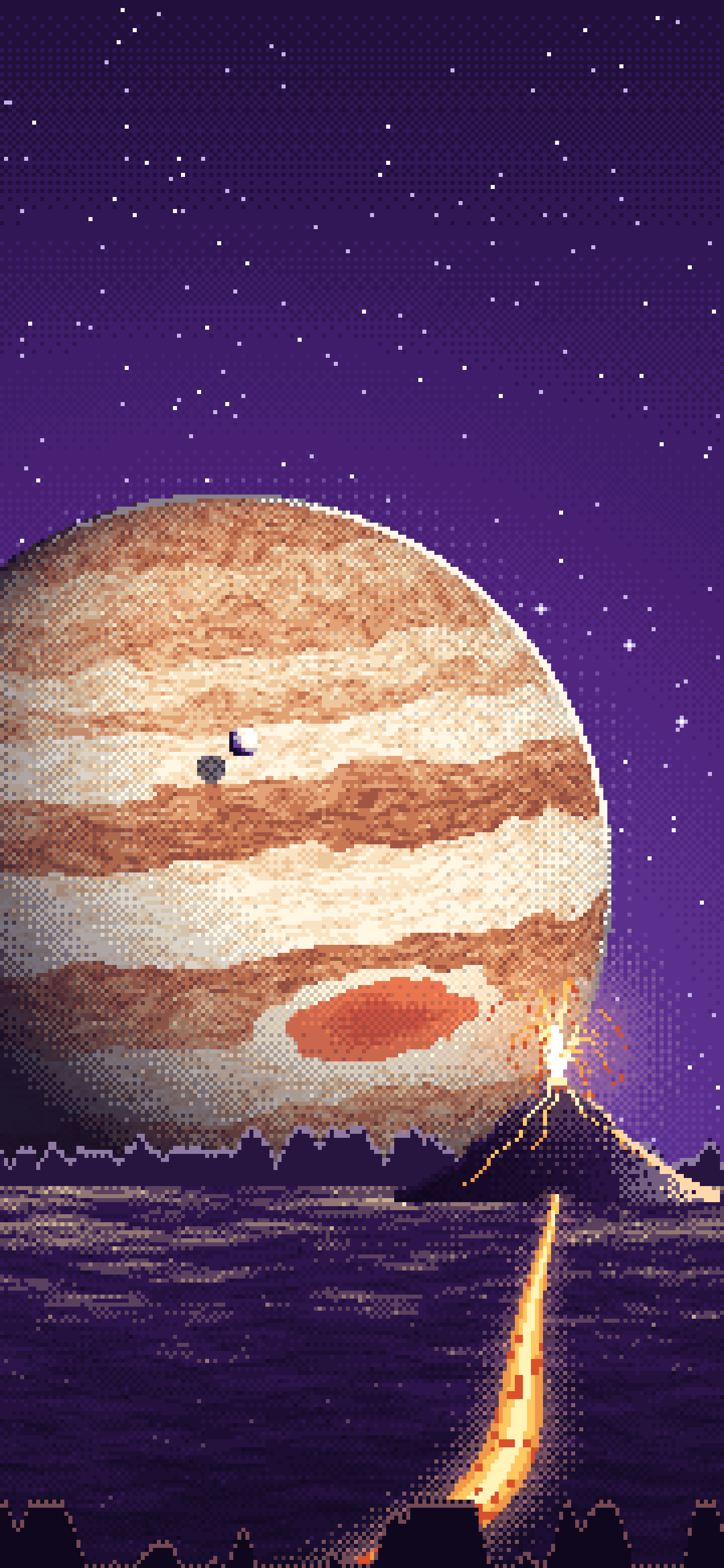 Dark Purple Pixel Art Jupiter Over a Molten World wallpaper for iPhone and Android