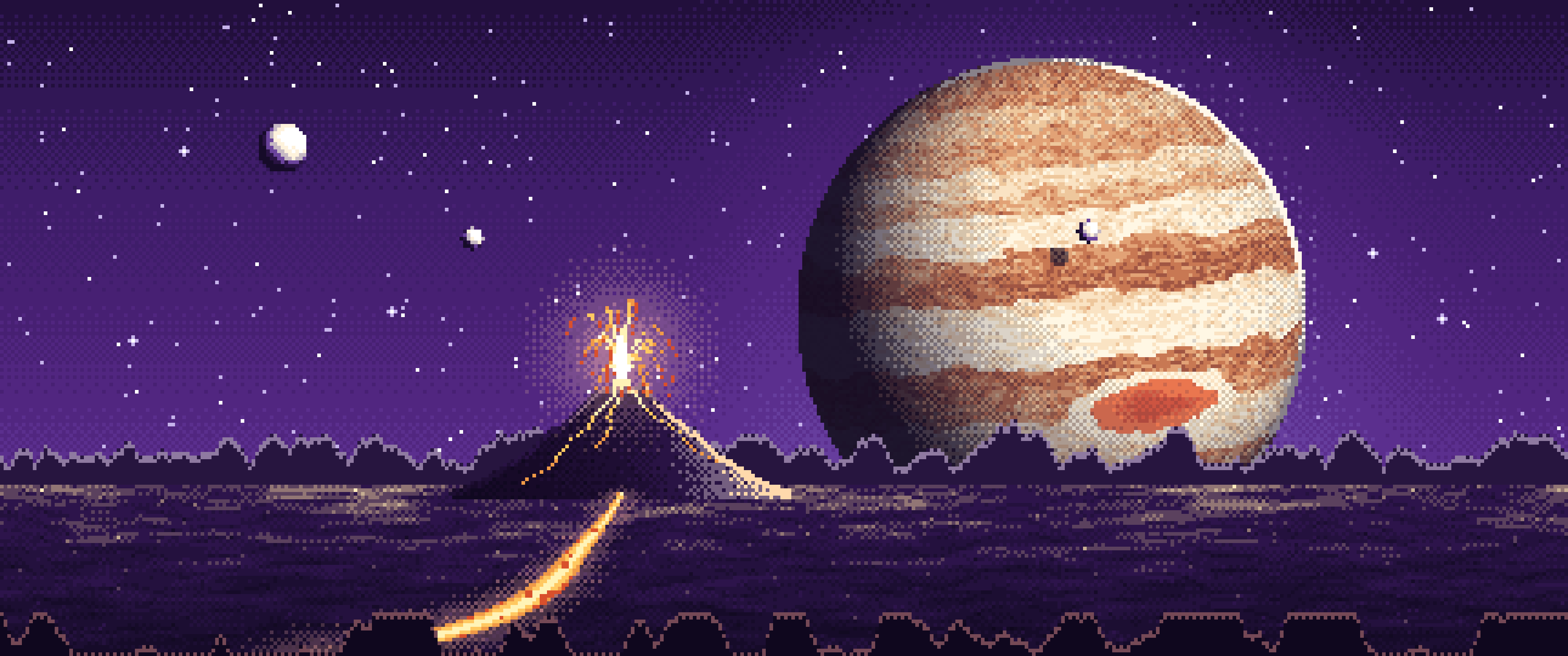 Dark Purple Pixel Art Jupiter Over a Molten World ultrawide wallpaper, 3440 × 1440