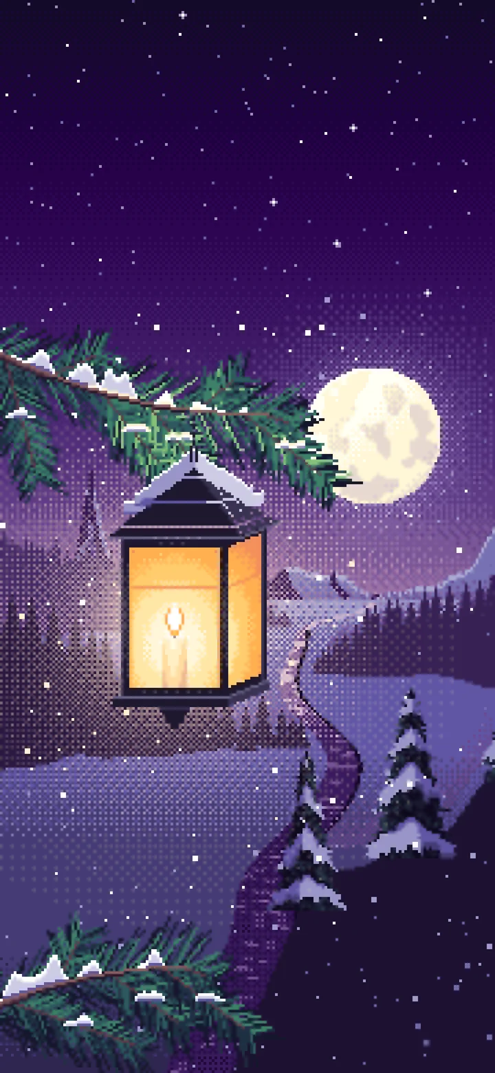 Dark Purple Pixel Art Lantern on a Snowy Pine Branch wallpaper for iPhone and Android
