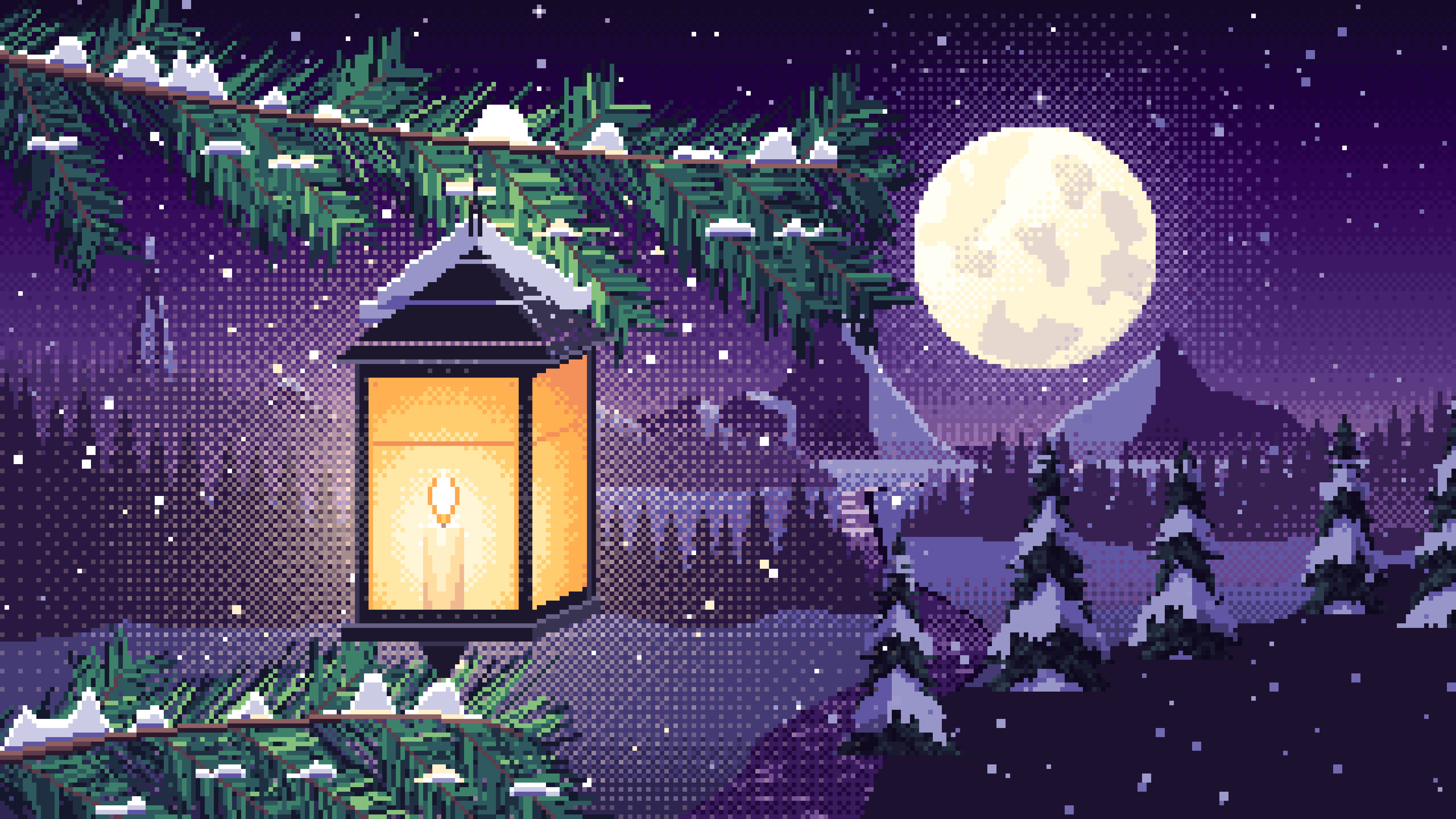 Dark Purple Pixel Art Lantern on a Snowy Pine Branch desktop wallpaper in 4K