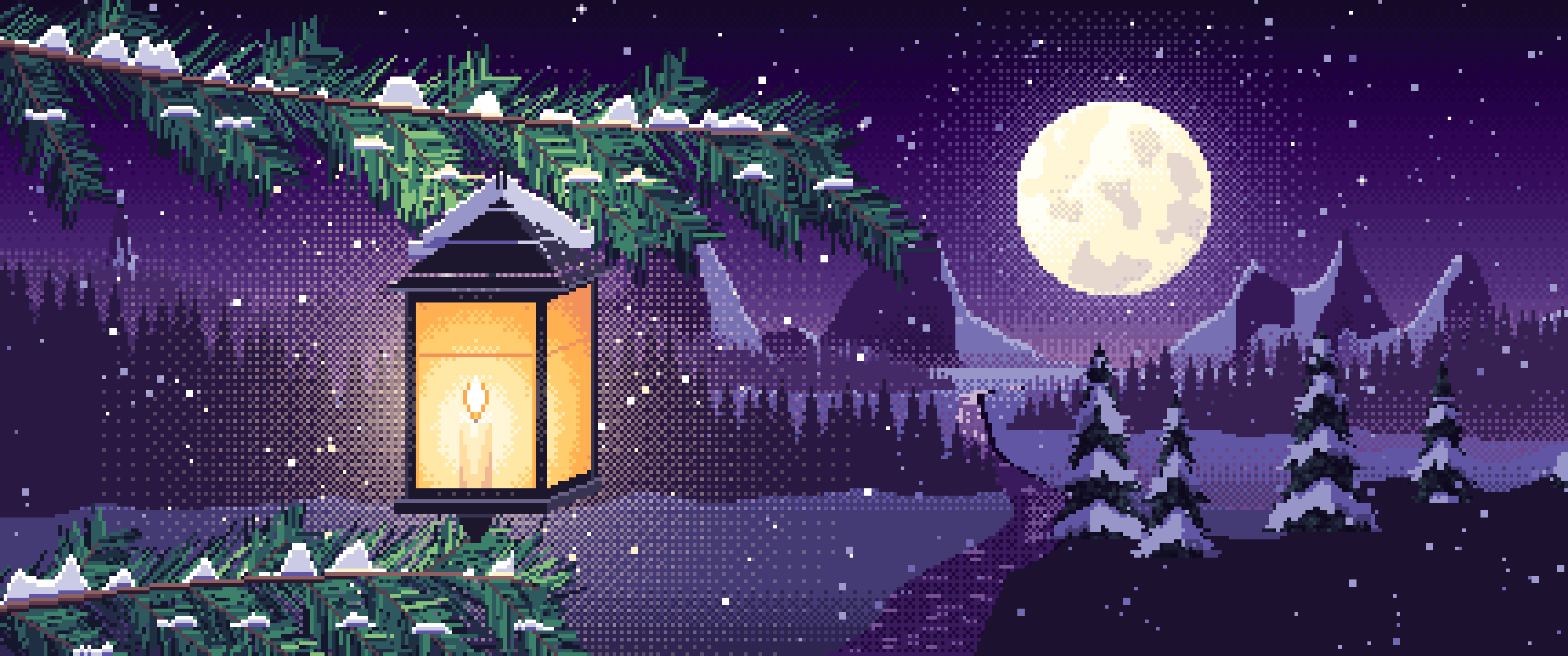 Dark Purple Pixel Art Lantern on a Snowy Pine Branch ultrawide wallpaper, 3440 × 1440