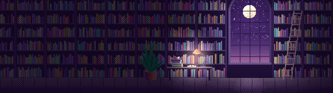 Dark Purple Pixel Art Library dual monitor wallpaper, 7680 × 2160