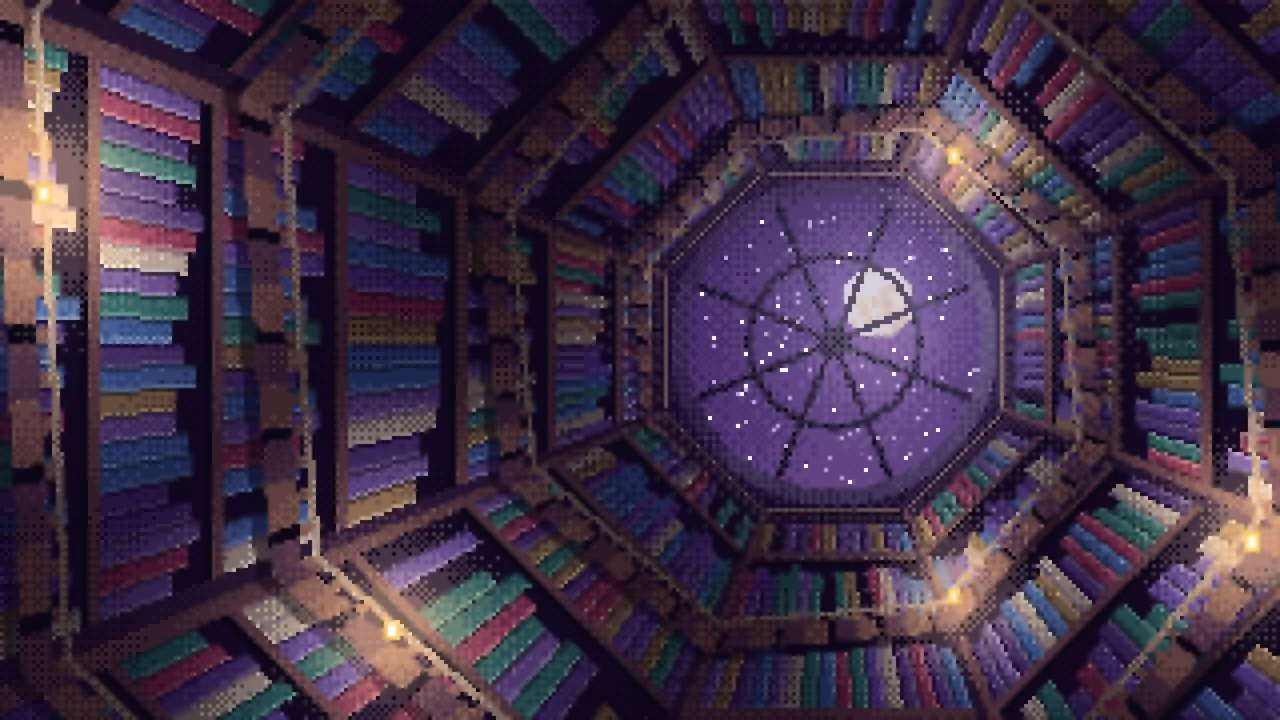 Dark Purple Pixel Art Library Tower Staircase desktop wallpaper in 4K