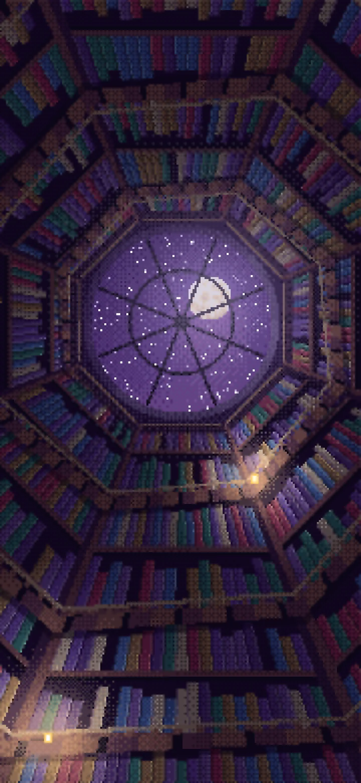 Dark Purple Pixel Art Library Tower Staircase wallpaper for iPhone and Android