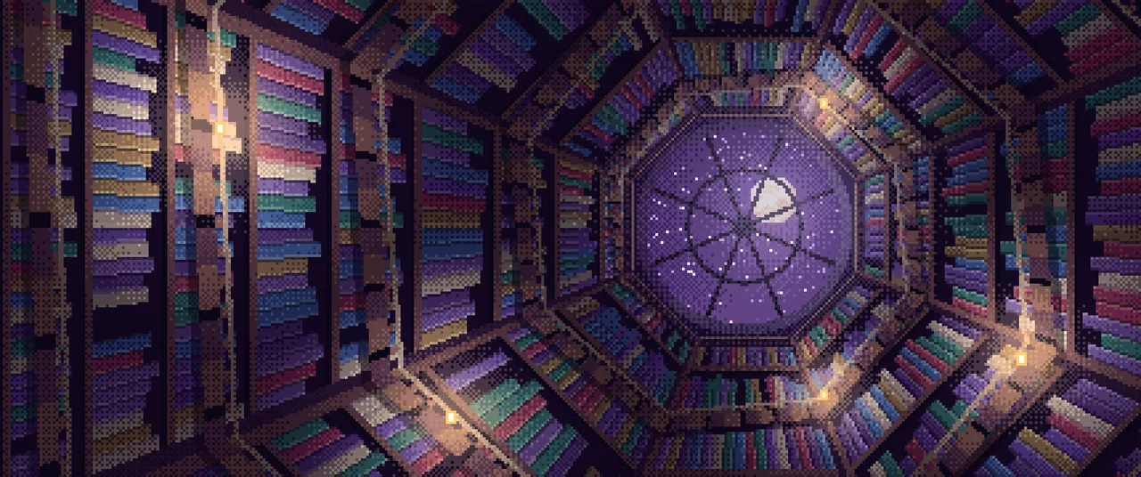 Dark Purple Pixel Art Library Tower Staircase ultrawide wallpaper, 3440 × 1440