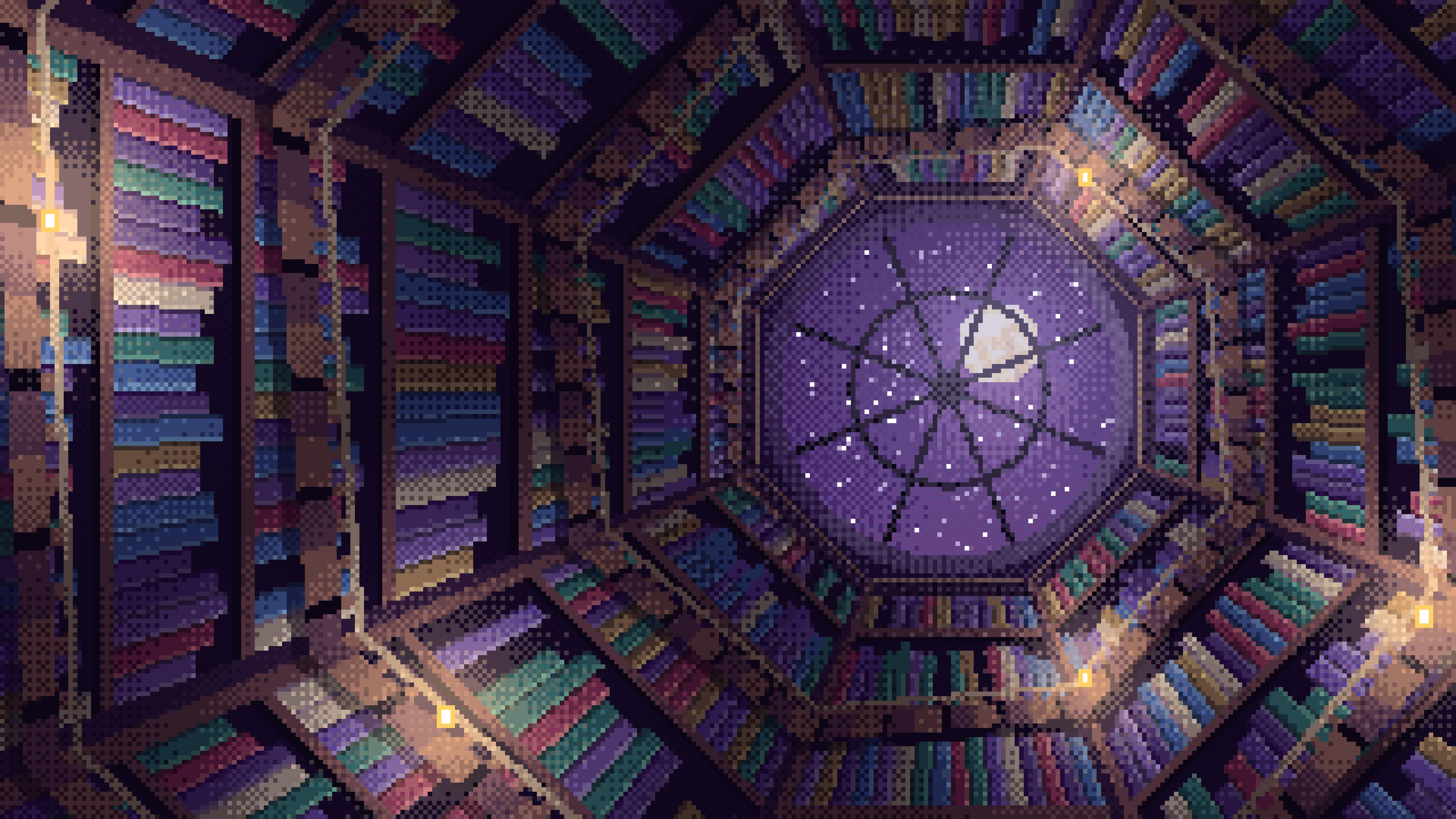 Dark Purple Pixel Art Library Tower Staircase desktop wallpaper in 4K