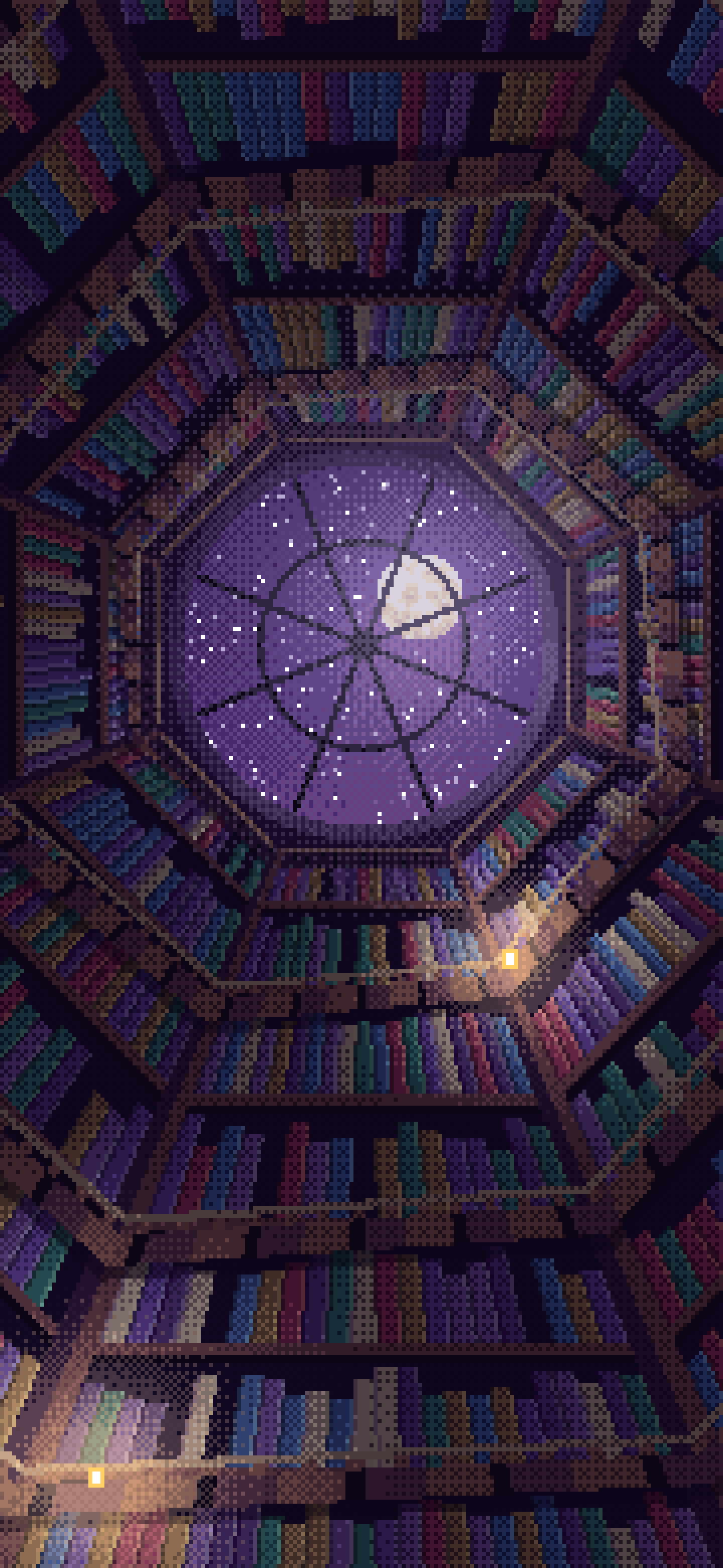 Dark Purple Pixel Art Library Tower Staircase wallpaper for iPhone and Android