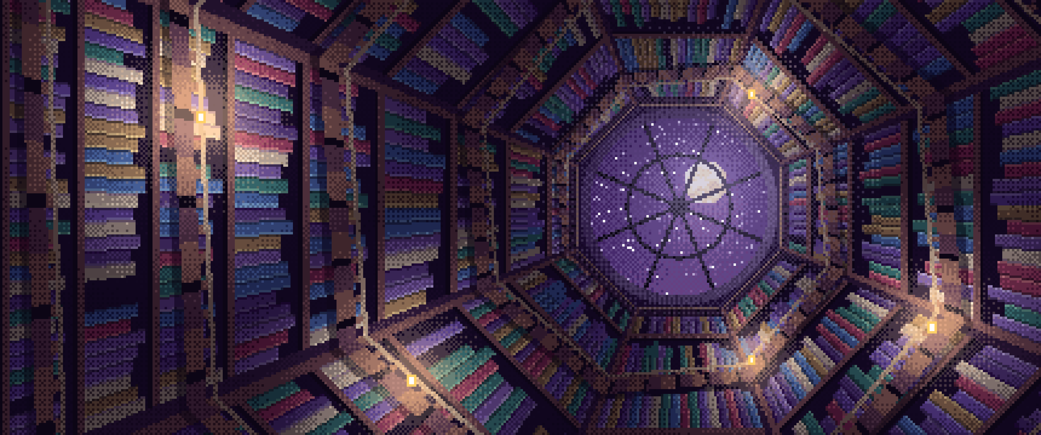 Dark Purple Pixel Art Library Tower Staircase ultrawide wallpaper, 3440 × 1440