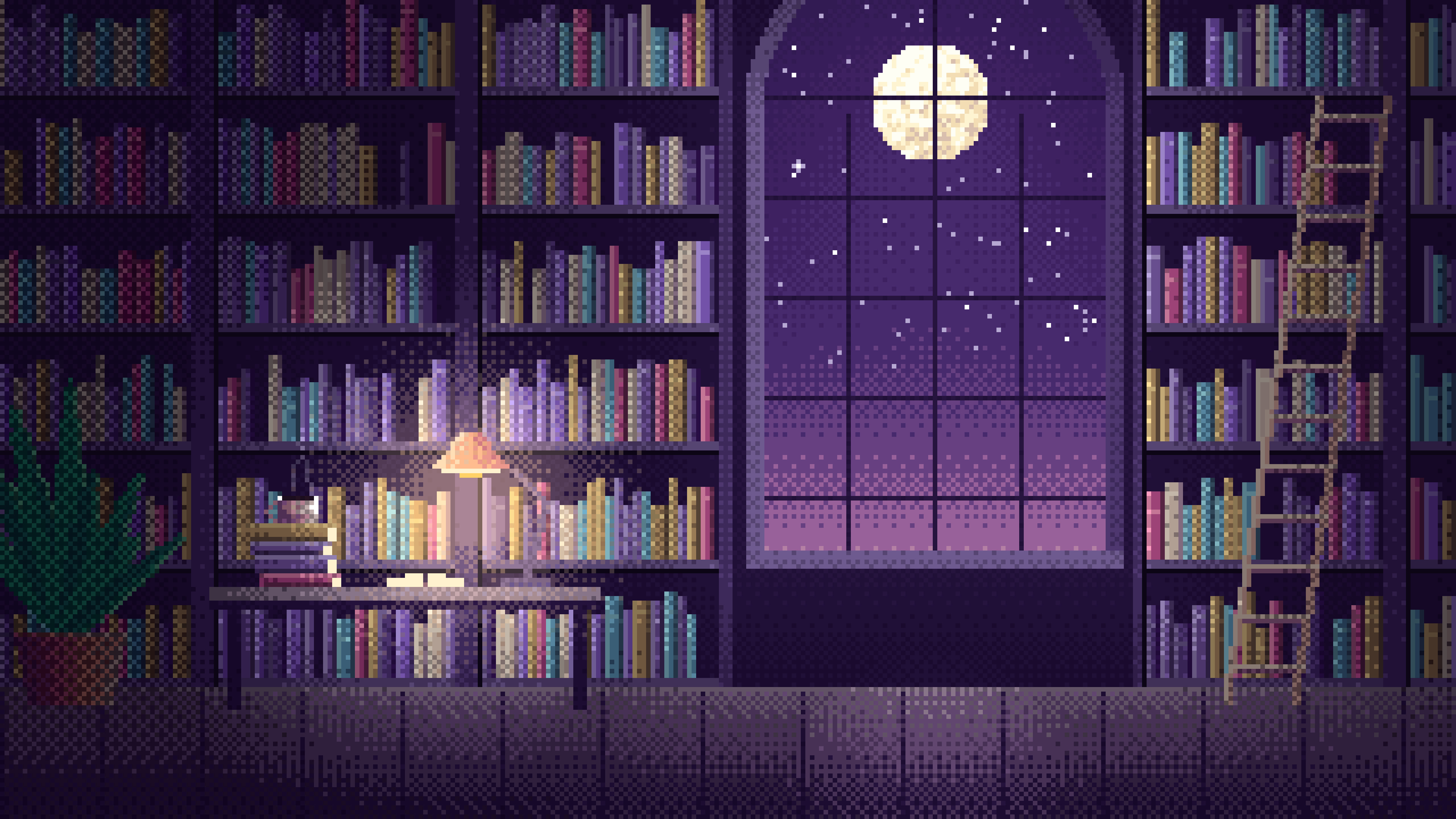 Dark Purple Pixel Art Library desktop wallpaper in 4K