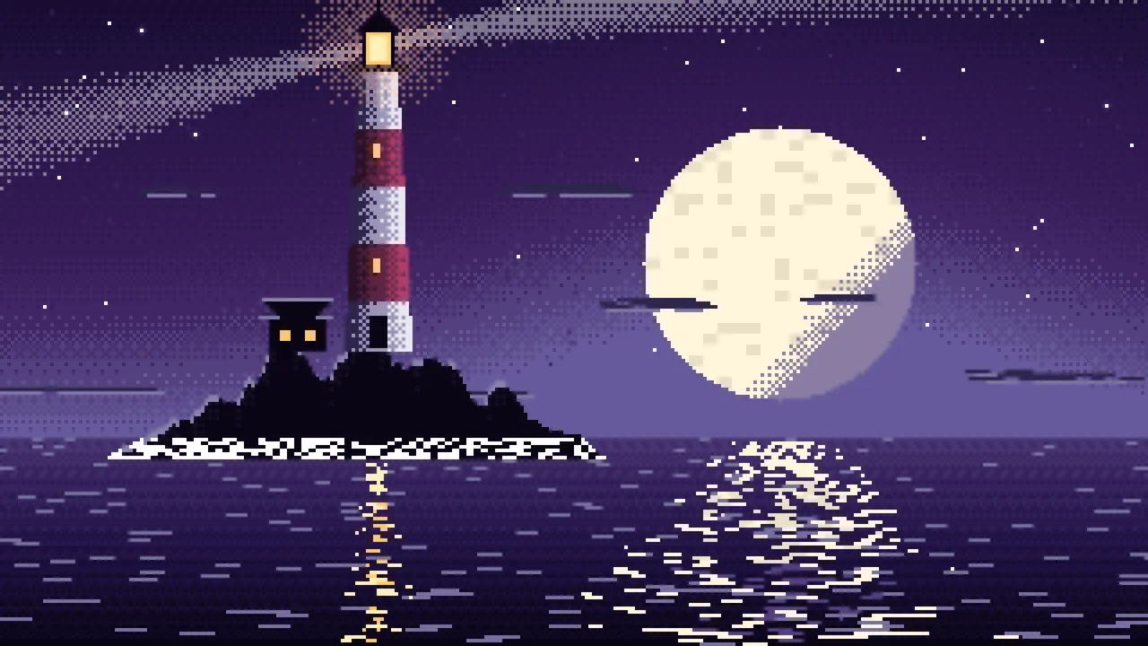 Dark Purple Pixel Art Lighthouse desktop wallpaper in 4K