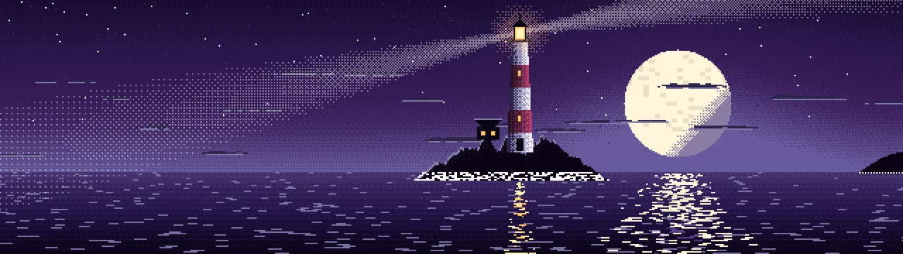 Dark Purple Pixel Art Lighthouse dual monitor wallpaper, 7680 × 2160