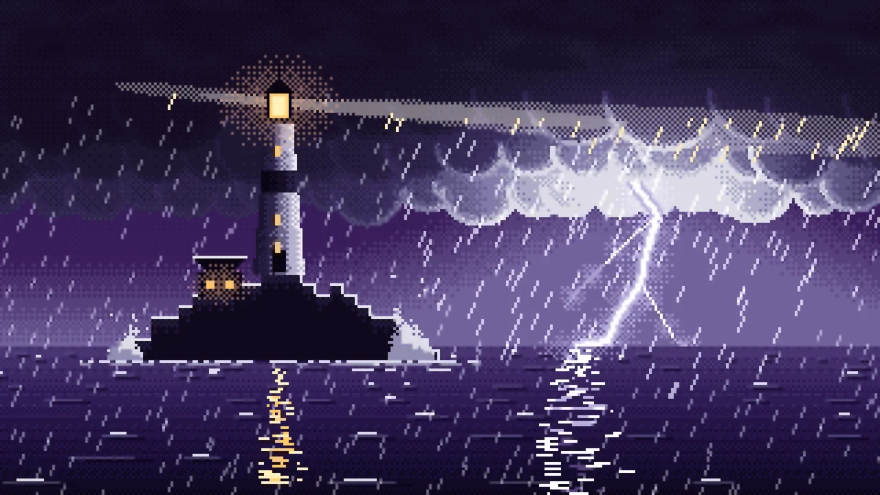 Dark Purple Pixel Art Lighthouse in a Lightning Storm desktop wallpaper in 4K