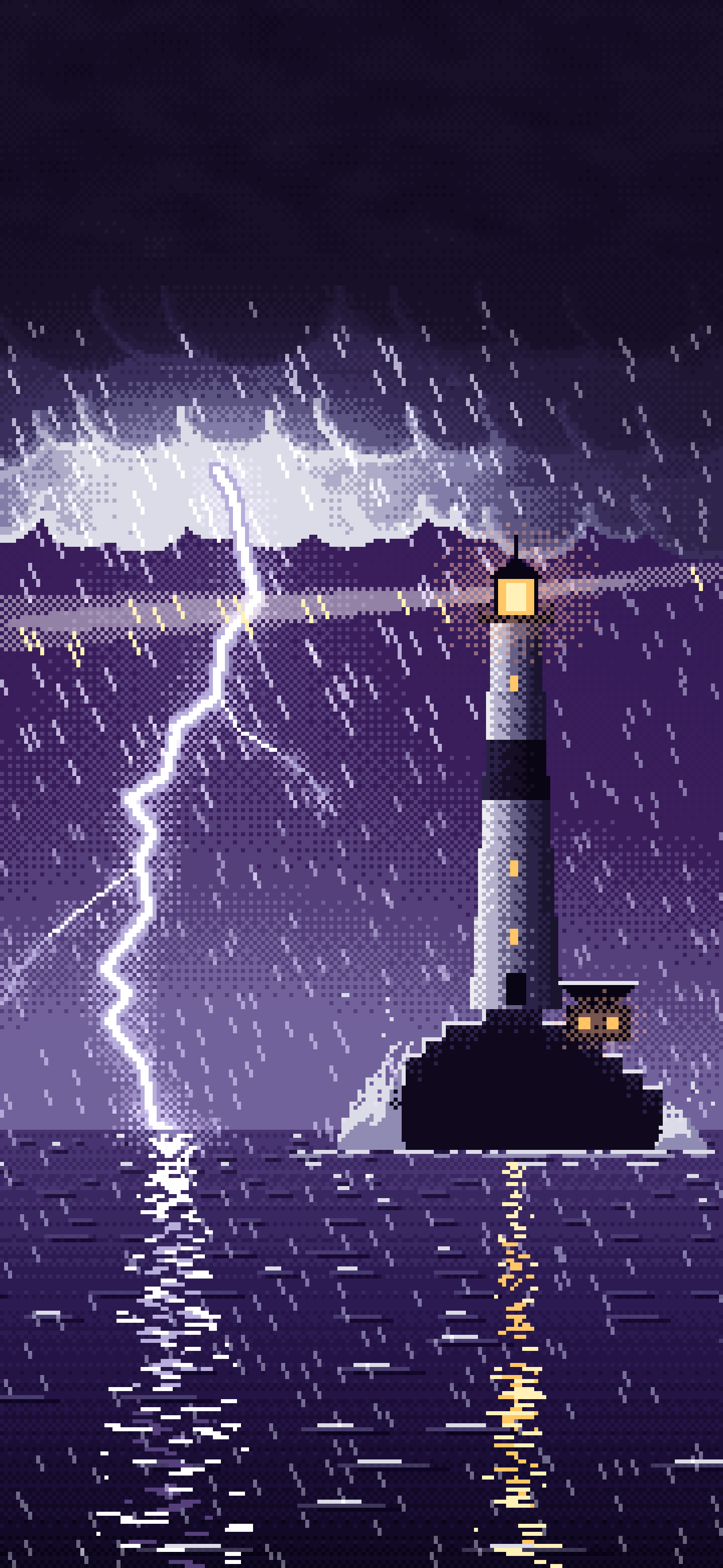 Dark Purple Pixel Art Lighthouse in a Lightning Storm wallpaper for iPhone and Android