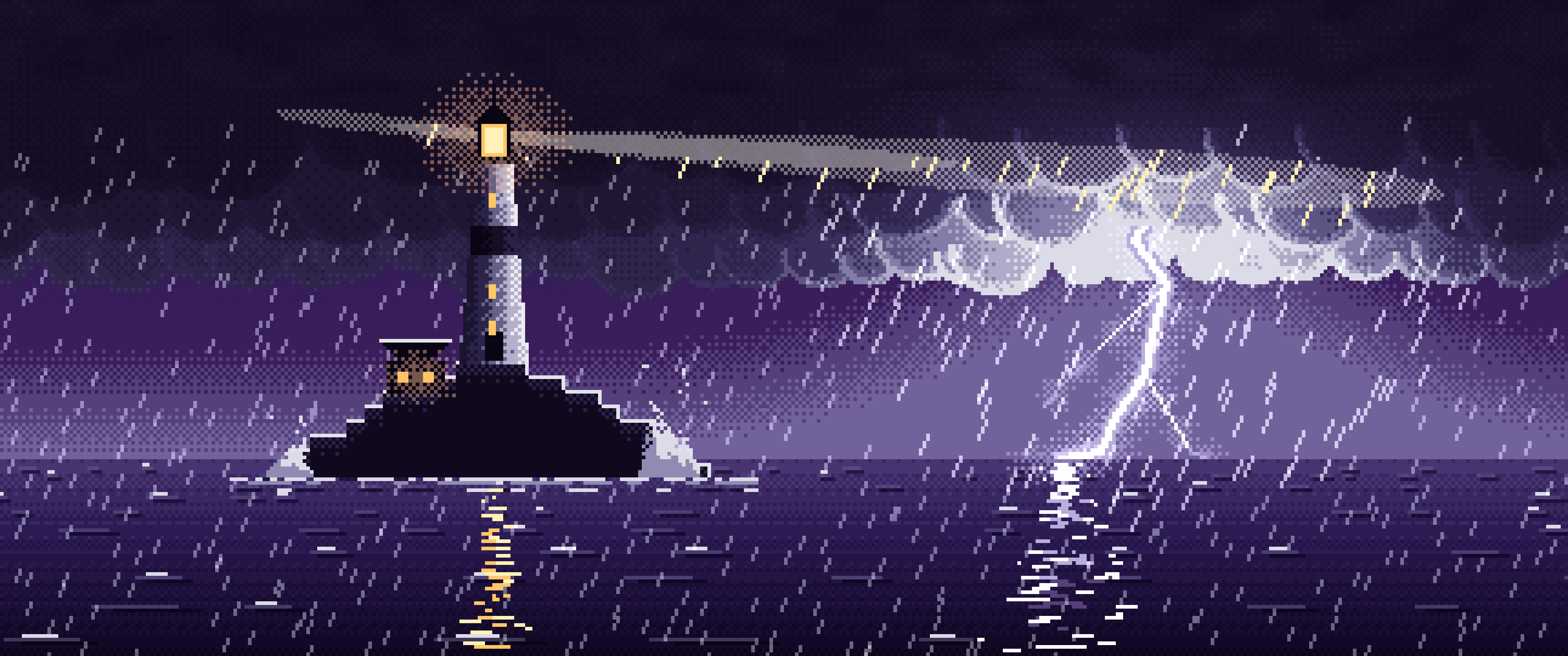 Dark Purple Pixel Art Lighthouse in a Lightning Storm ultrawide wallpaper, 3440 × 1440