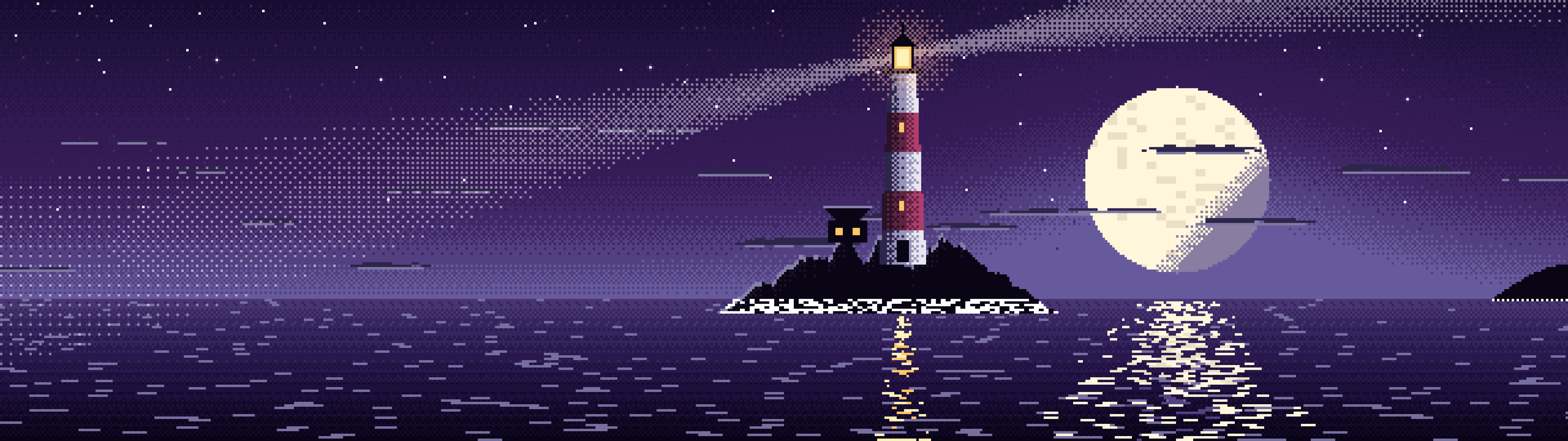Dark Purple Pixel Art Lighthouse dual monitor wallpaper, 7680 × 2160