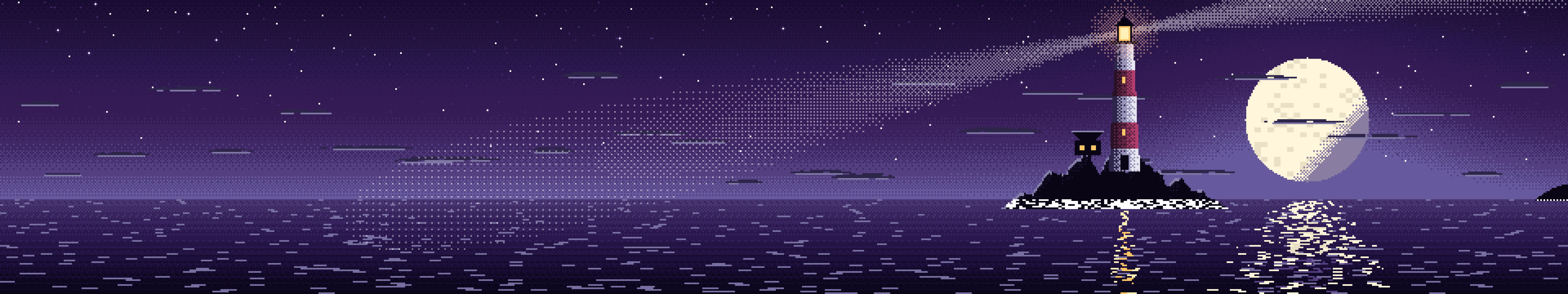 Dark Purple Pixel Art Lighthouse triple monitor wallpaper, 7680 × 1440