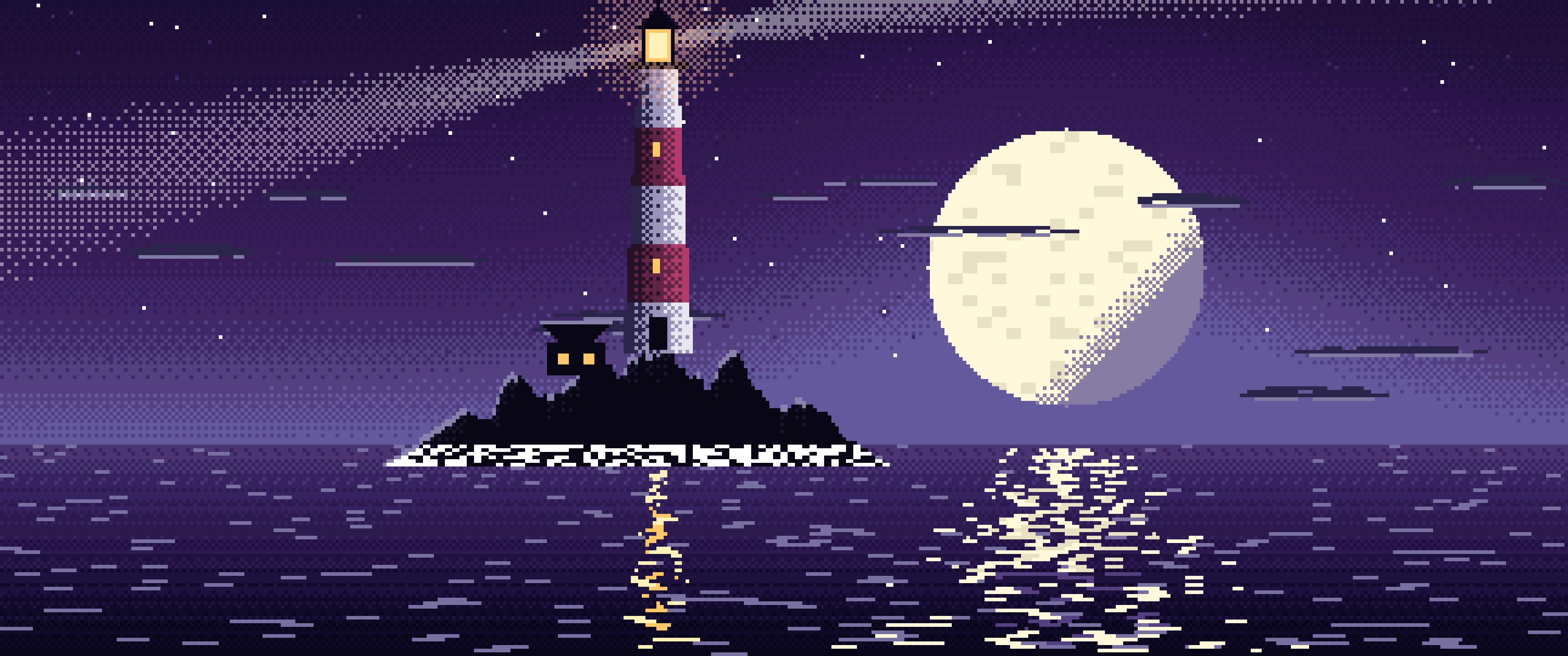 Dark Purple Pixel Art Lighthouse ultrawide wallpaper, 3440 × 1440