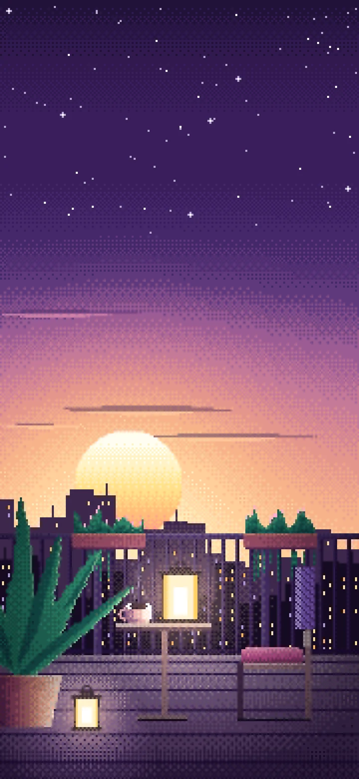 Dark Purple Pixel Art Lofi Balcony at Dusk wallpaper for iPhone and Android