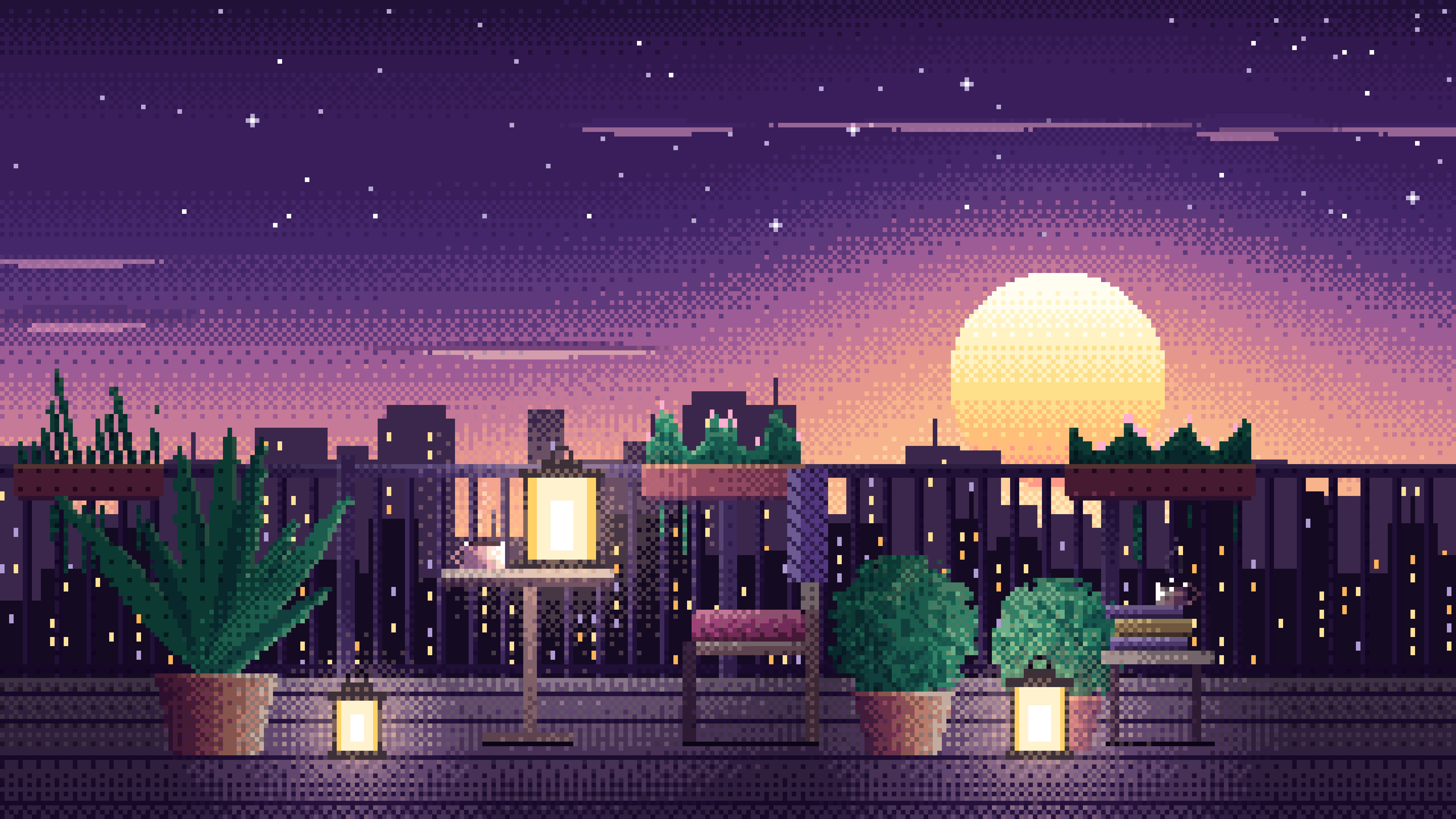 Dark Purple Pixel Art Lofi Balcony at Dusk desktop wallpaper in 4K