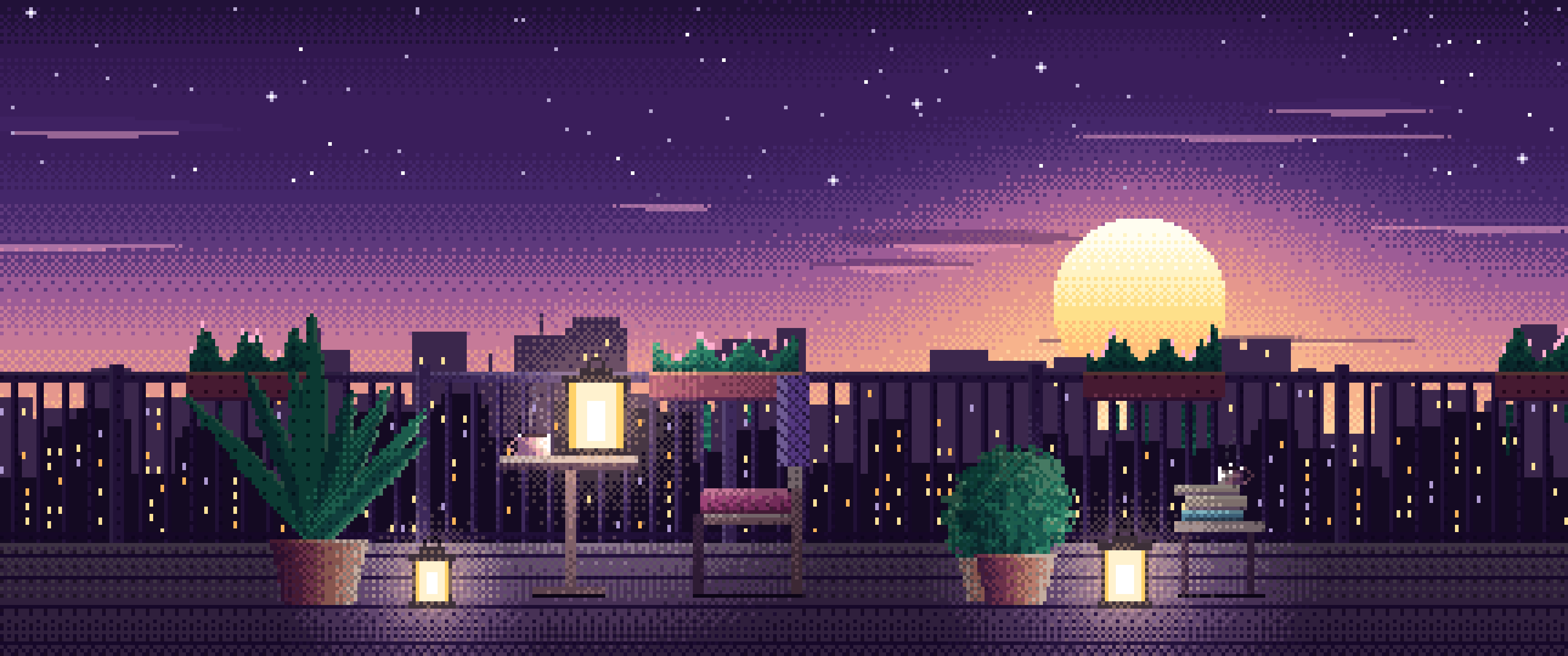 Dark Purple Pixel Art Lofi Balcony at Dusk ultrawide wallpaper, 3440 × 1440