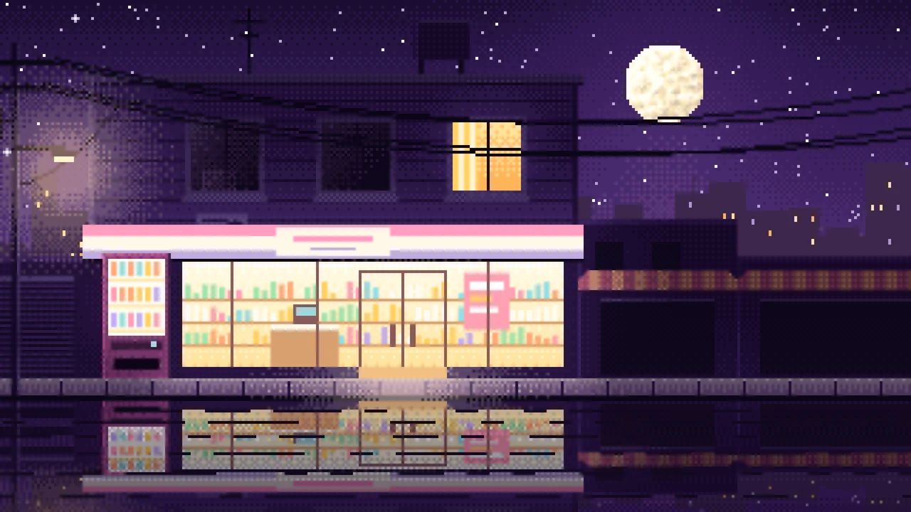 Dark Purple Pixel Art Lofi Convenience Store at Night desktop wallpaper in 4K
