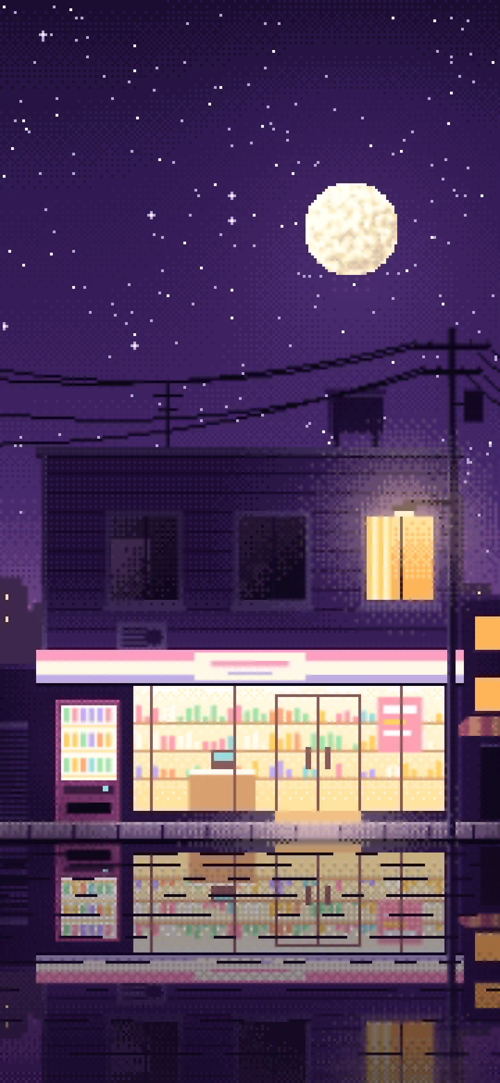 Dark Purple Pixel Art Lofi Convenience Store at Night wallpaper for iPhone and Android