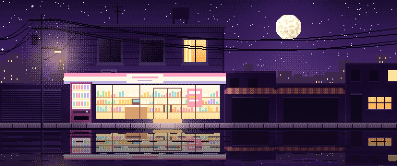 Dark Purple Pixel Art Lofi Convenience Store at Night ultrawide wallpaper, 3440 × 1440