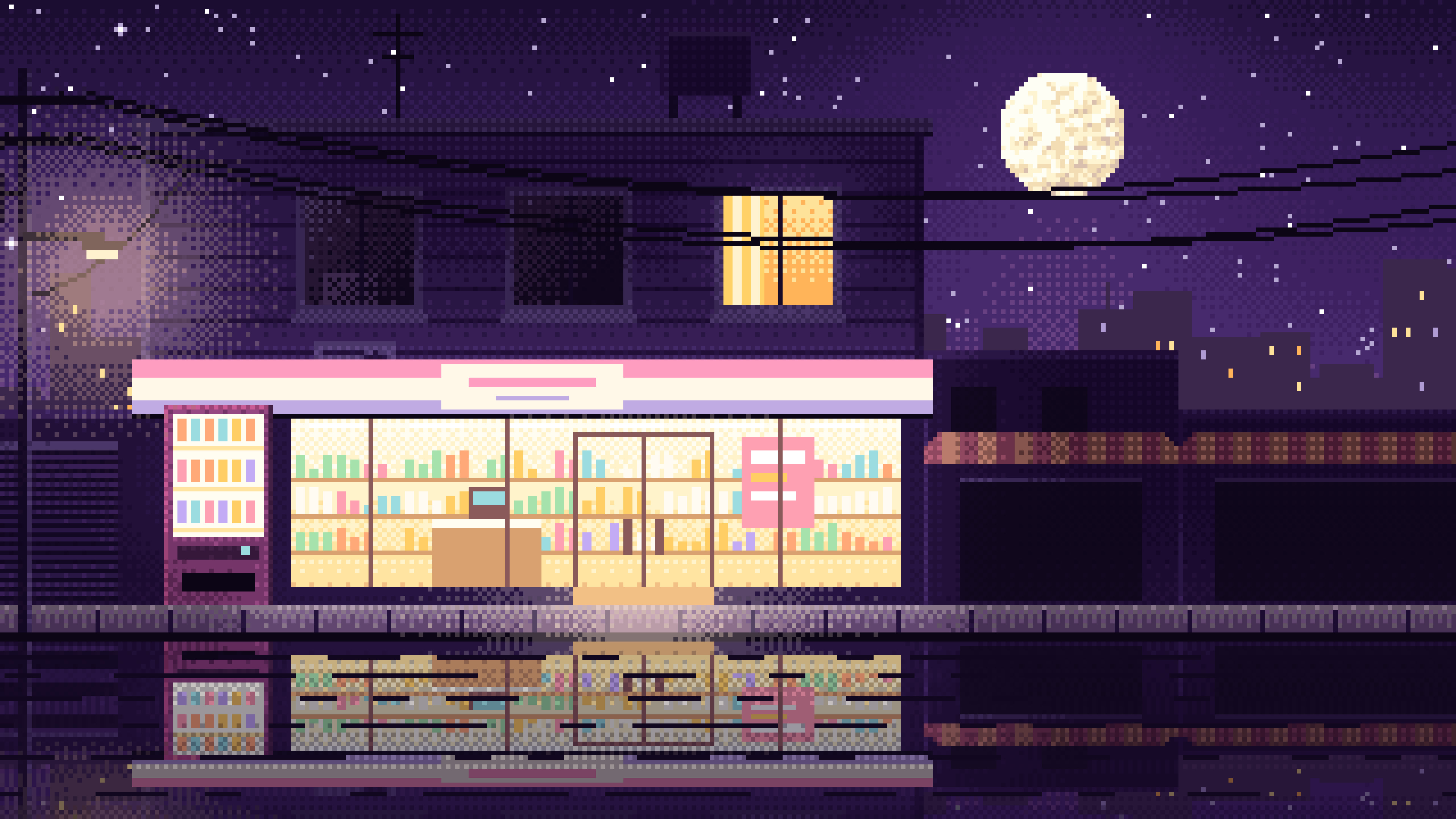Dark Purple Pixel Art Lofi Convenience Store at Night desktop wallpaper in 4K