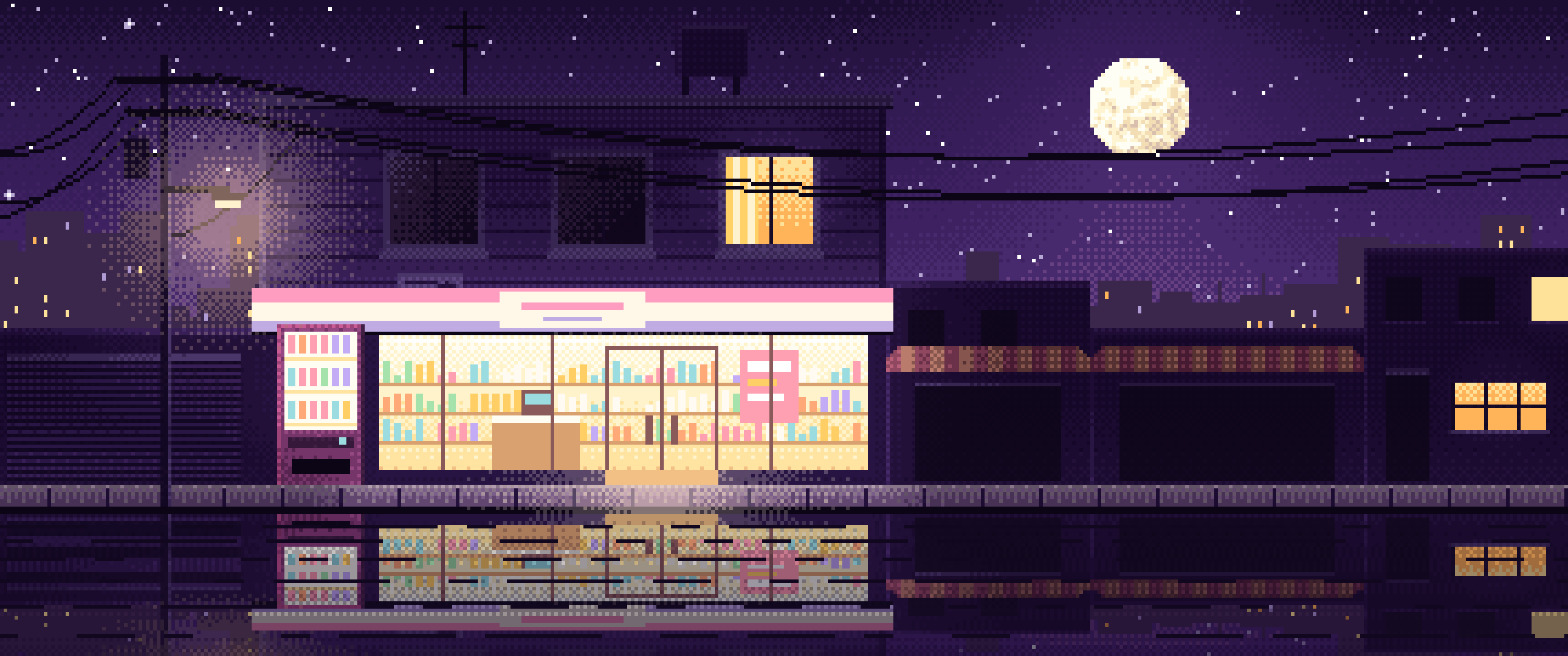Dark Purple Pixel Art Lofi Convenience Store at Night ultrawide wallpaper, 3440 × 1440