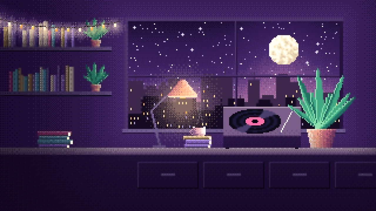 Dark Purple Pixel Art Lofi Room desktop wallpaper in 4K