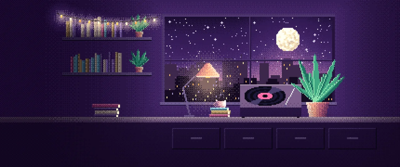 Dark Purple Pixel Art Lofi Room ultrawide wallpaper, 3440 × 1440
