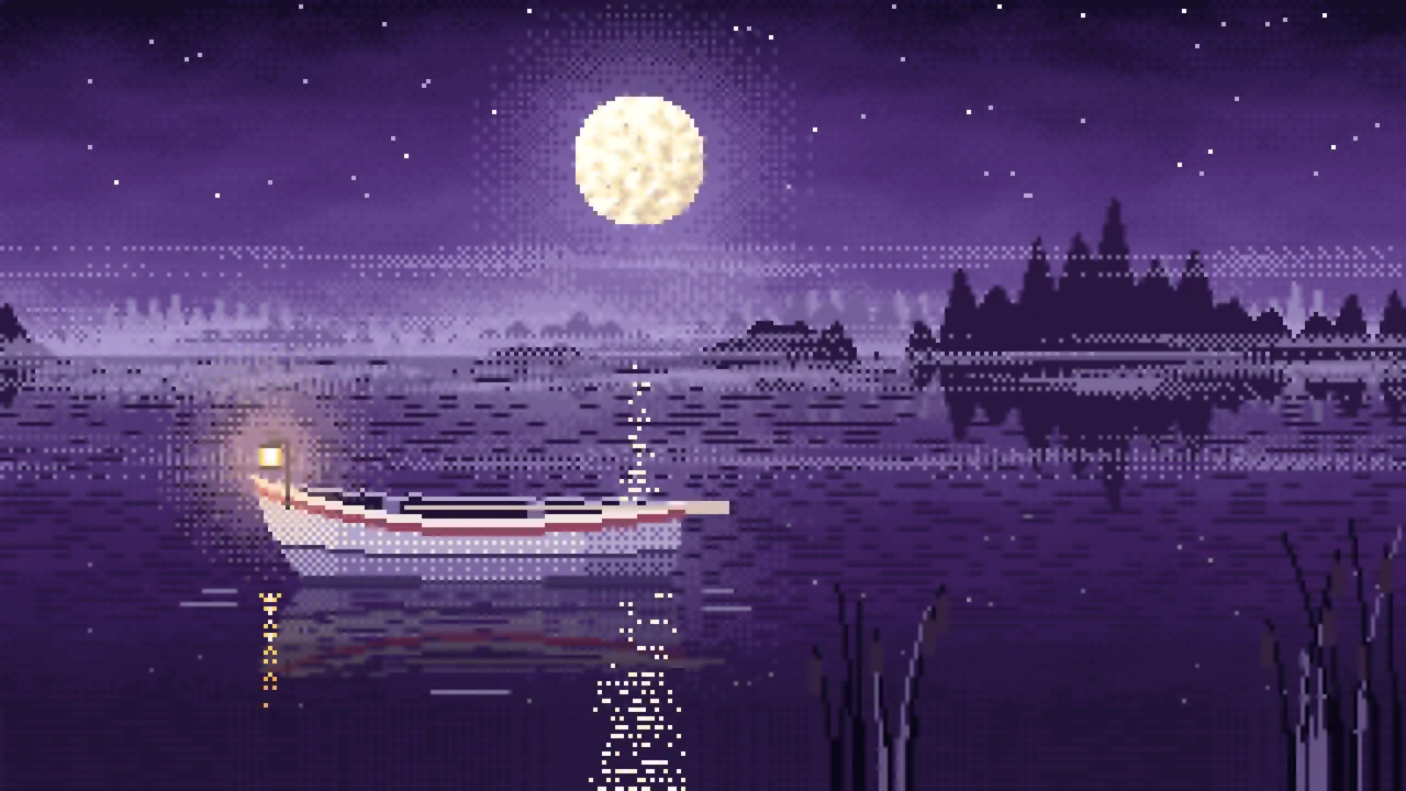 Dark Purple Pixel Art Lonely Rowboat on a Foggy Lake desktop wallpaper in 4K