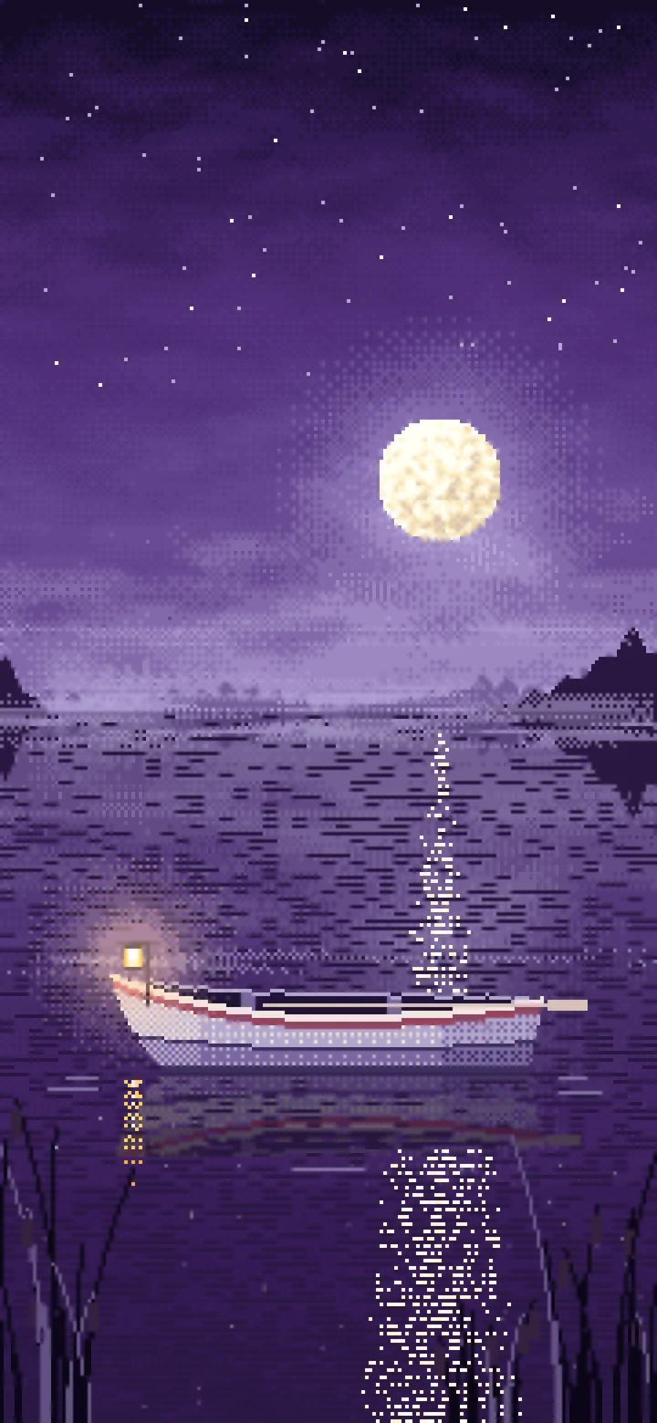 Dark Purple Pixel Art Lonely Rowboat on a Foggy Lake wallpaper for iPhone and Android