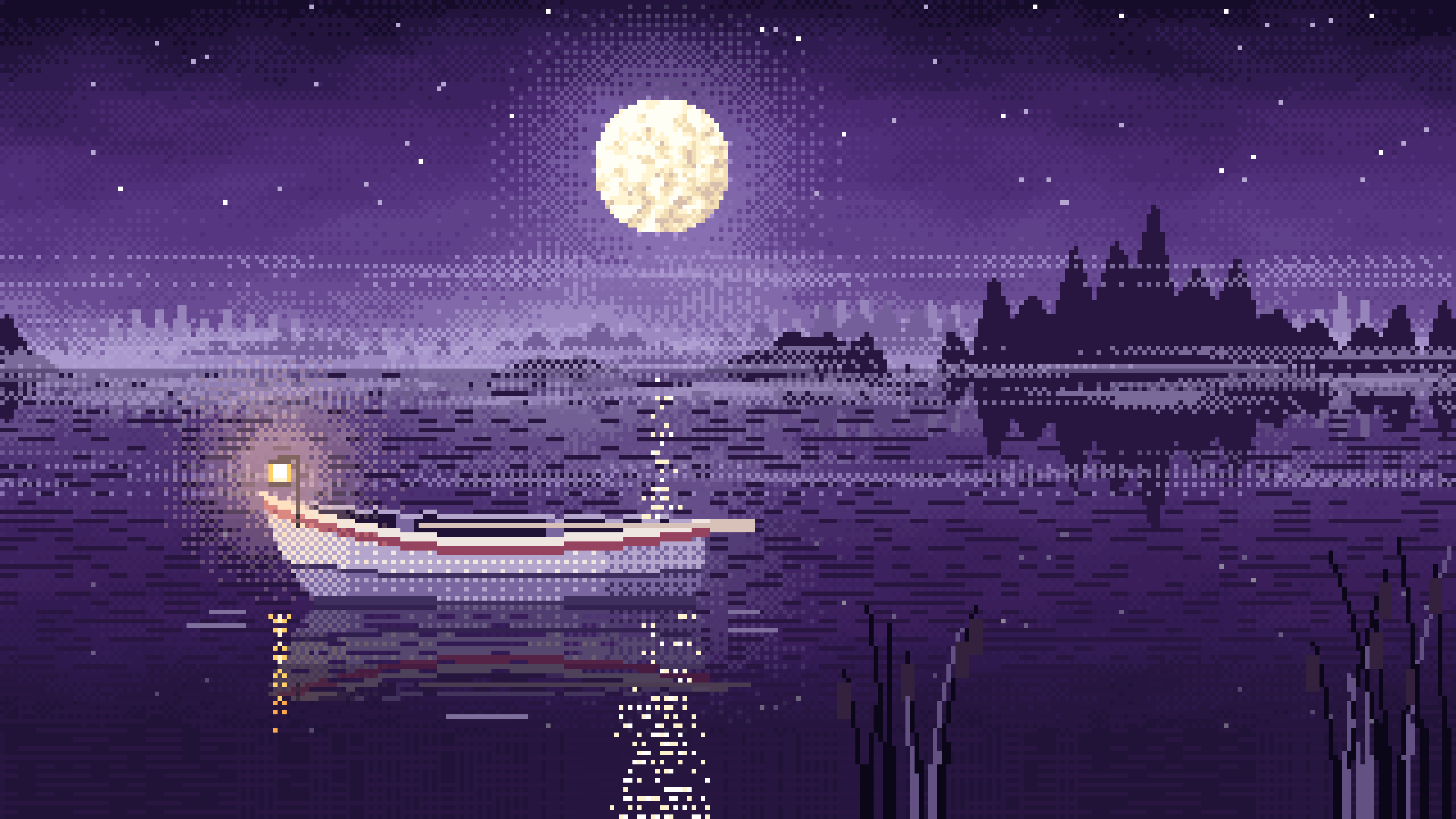 Dark Purple Pixel Art Lonely Rowboat on a Foggy Lake desktop wallpaper in 4K