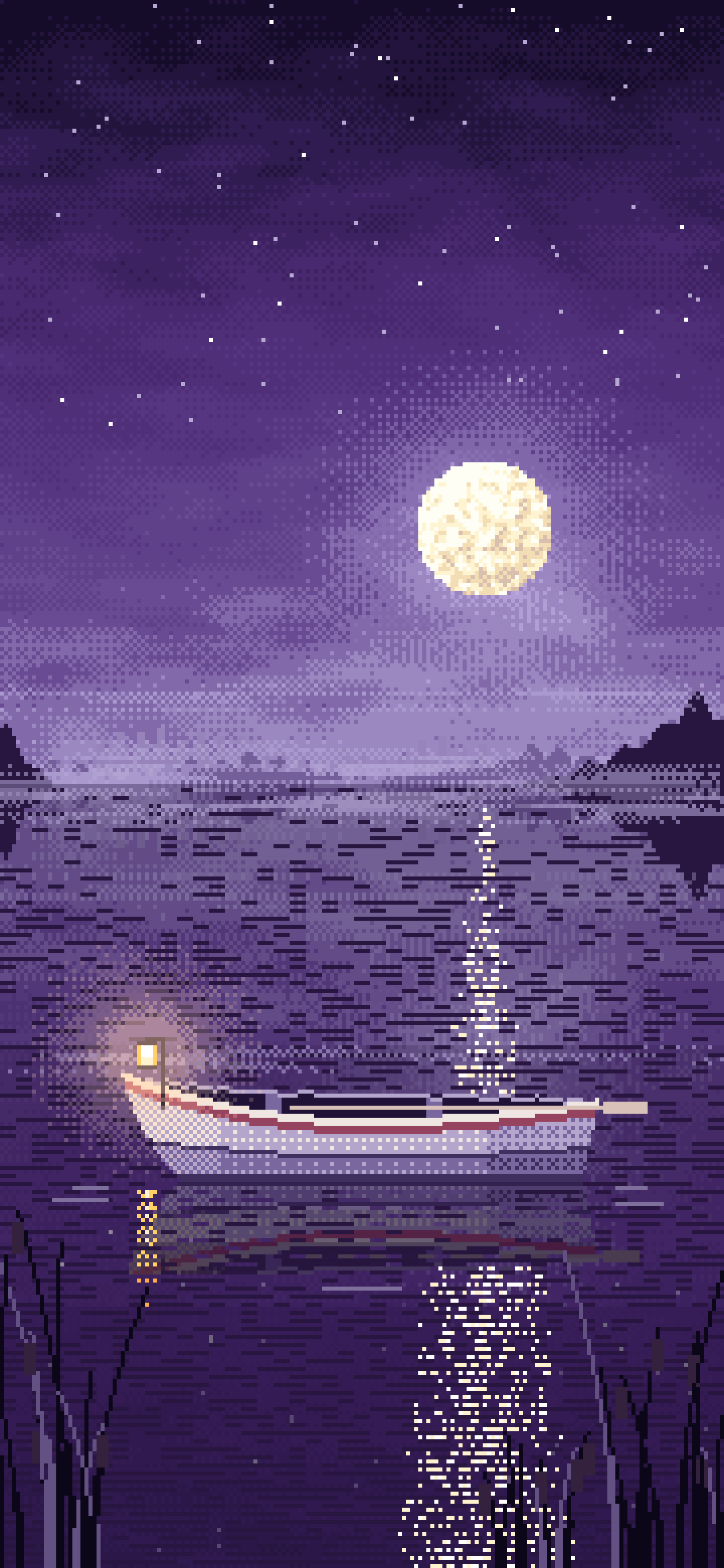 Dark Purple Pixel Art Lonely Rowboat on a Foggy Lake wallpaper for iPhone and Android