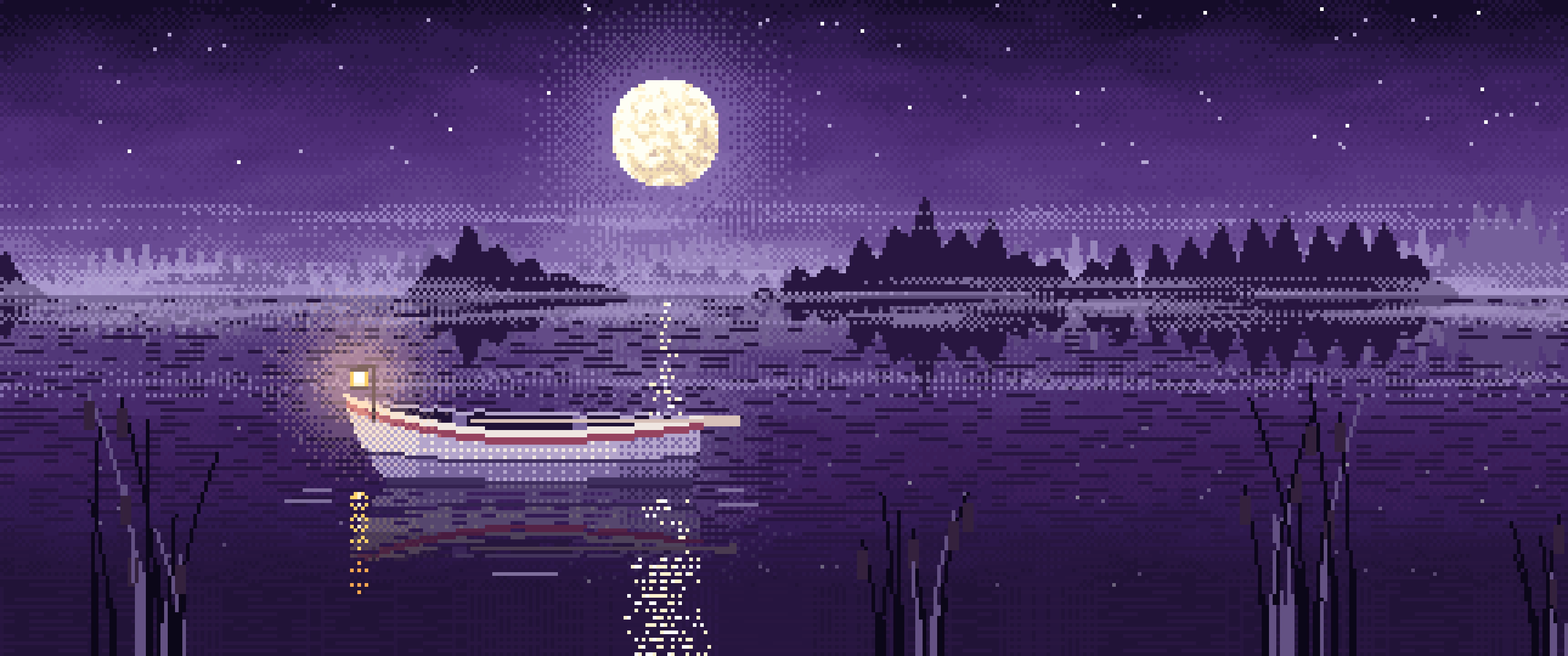 Dark Purple Pixel Art Lonely Rowboat on a Foggy Lake ultrawide wallpaper, 3440 × 1440