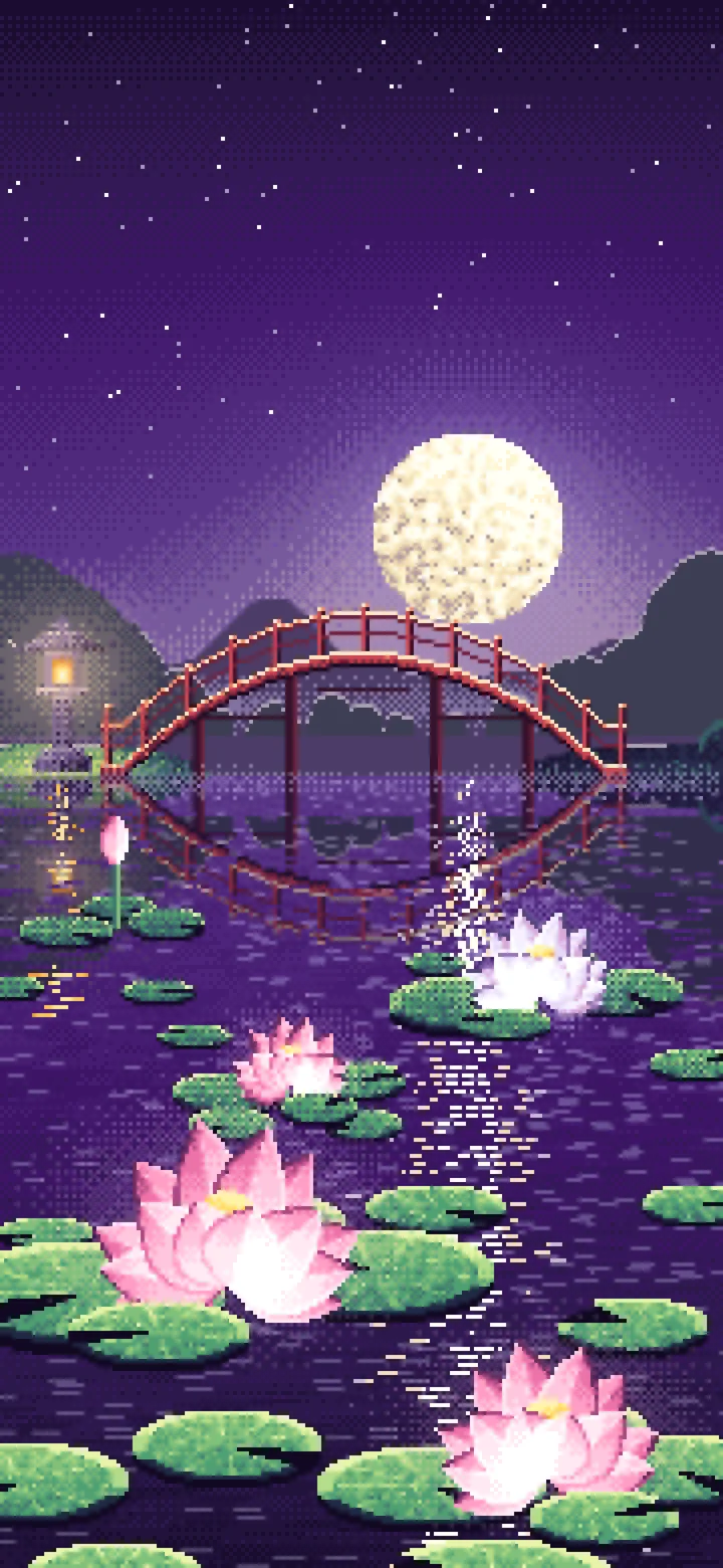 Dark Purple Pixel Art Lotus Pond at Night wallpaper for iPhone and Android