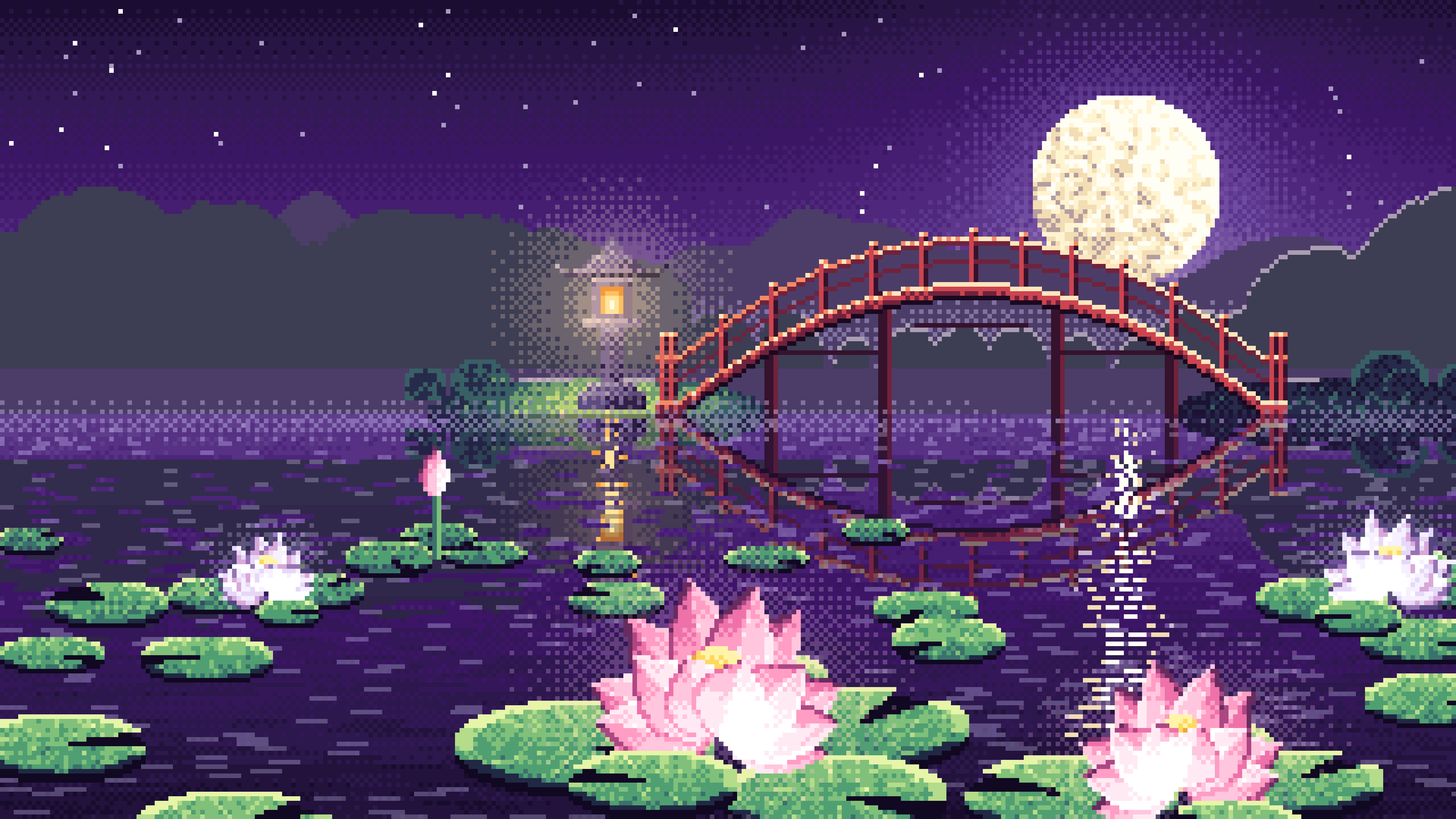 Dark Purple Pixel Art Lotus Pond at Night desktop wallpaper in 4K